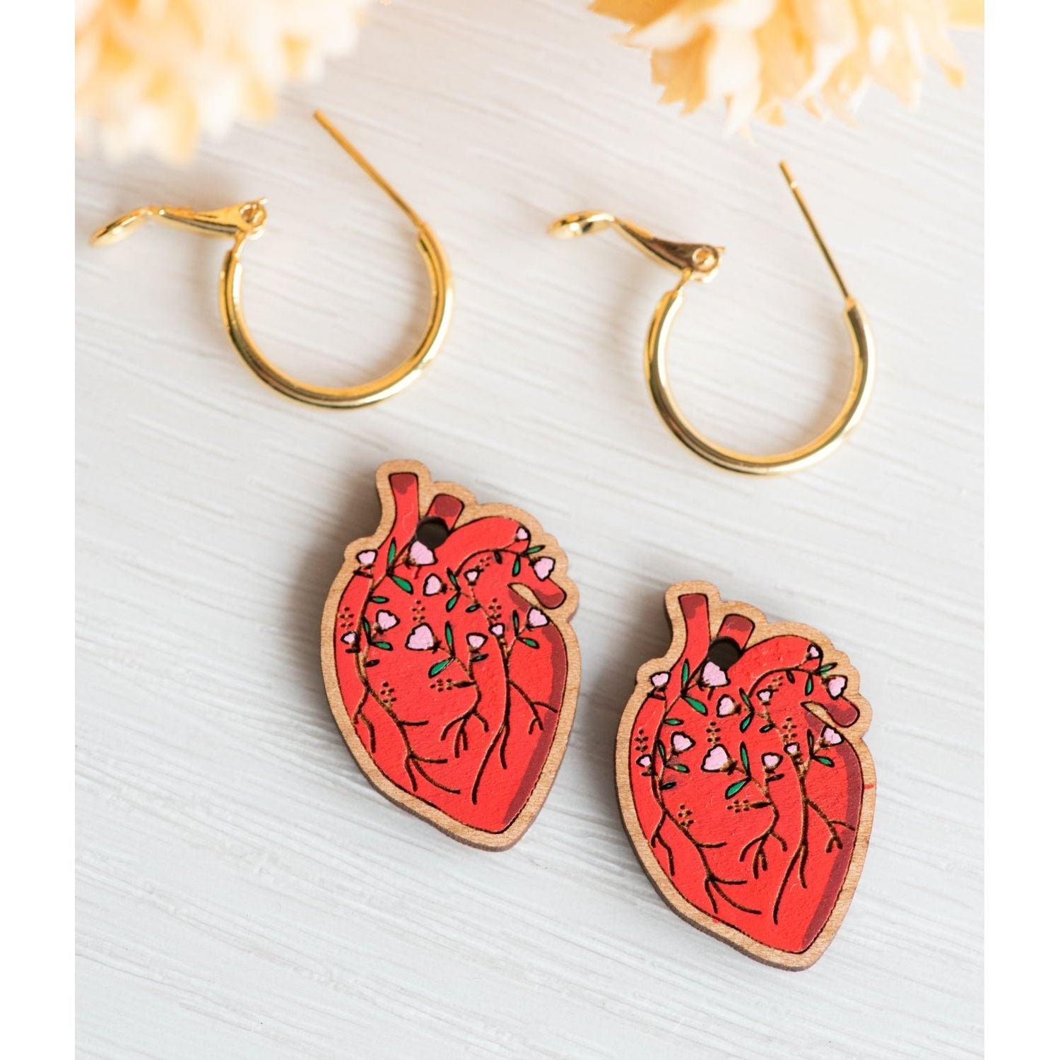 Hand - Painted Wooden Floral Heart Hoop Earrings - PEA16005H - Robin Valley Official Store