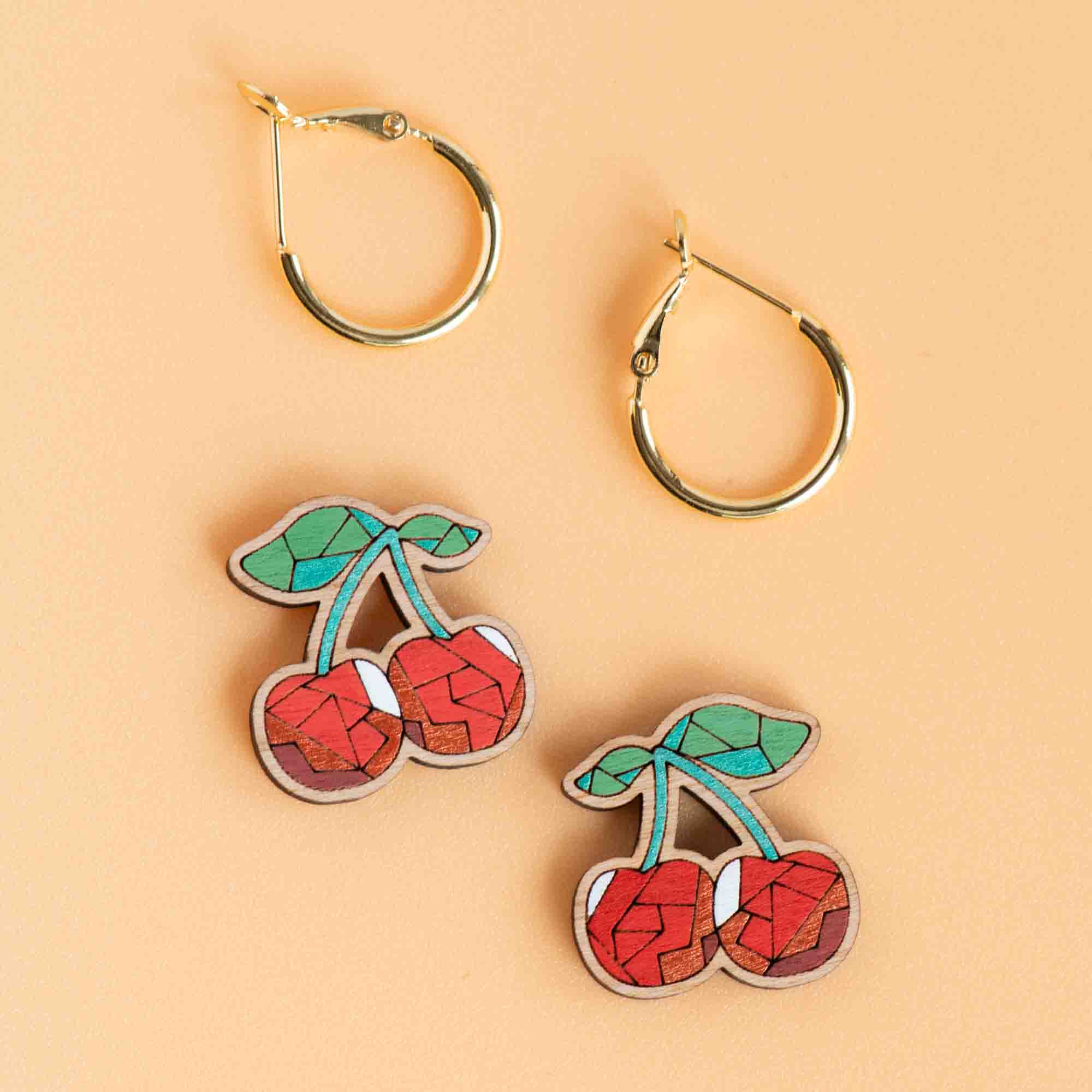 Hand - Painted Wooden Geometric Cherry Hoop Earrings - PET15261H - Robin Valley Official Store