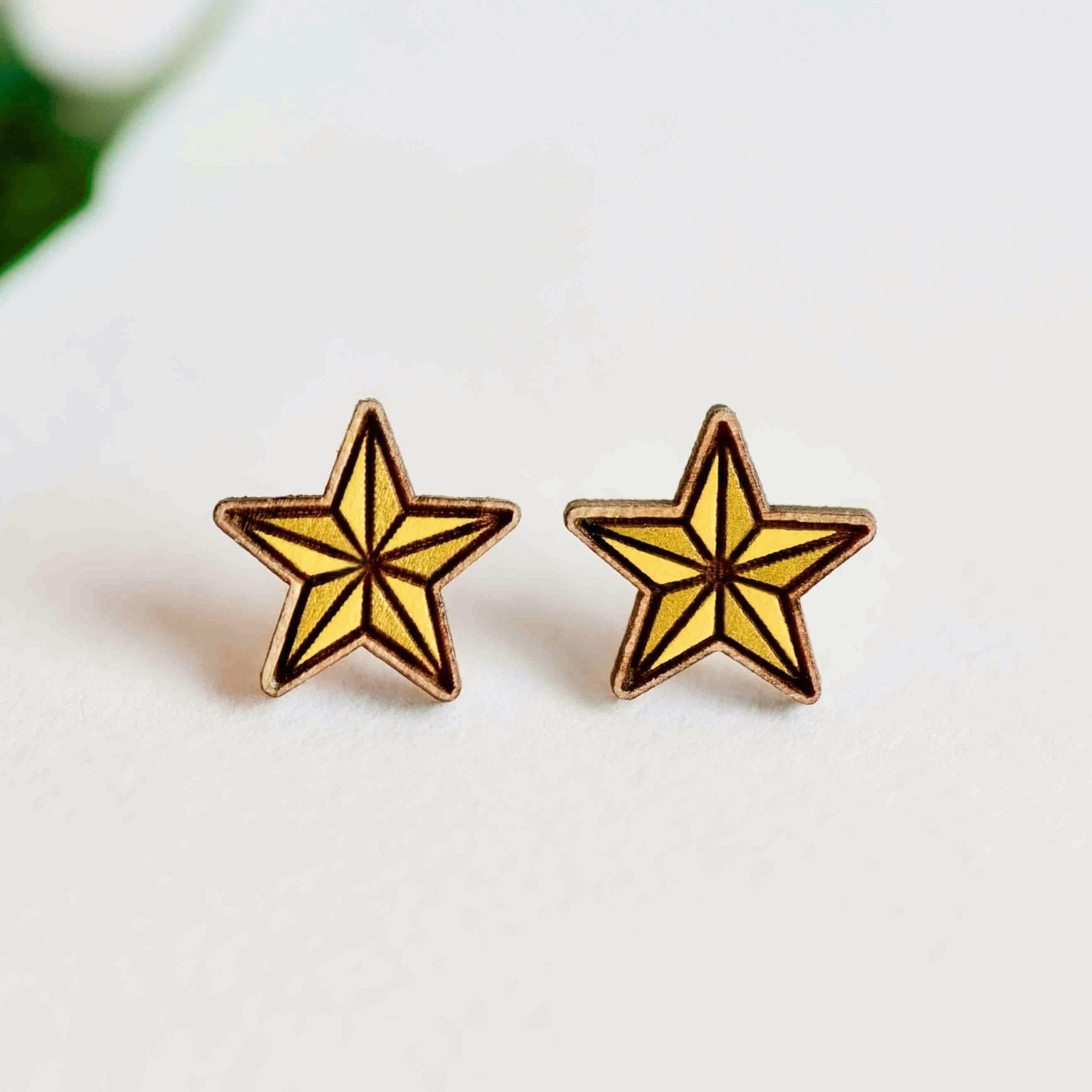 Hand - painted Wooden Geometric Golden Star Earrings - PET15213 - Robin Valley Official Store