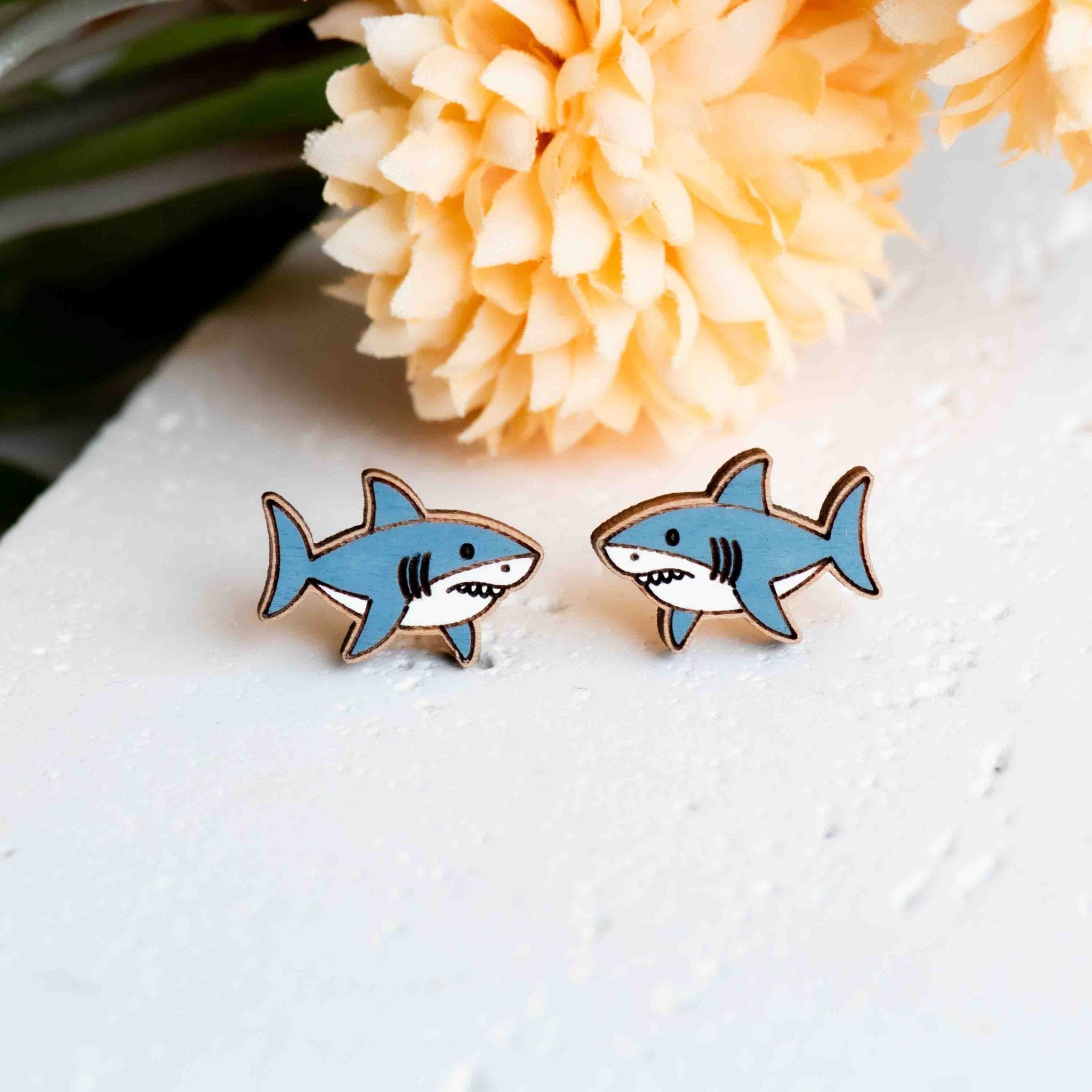 Hand - painted Wooden Great Whtie Shark Earrings - PES13134 - Robin Valley Official Store