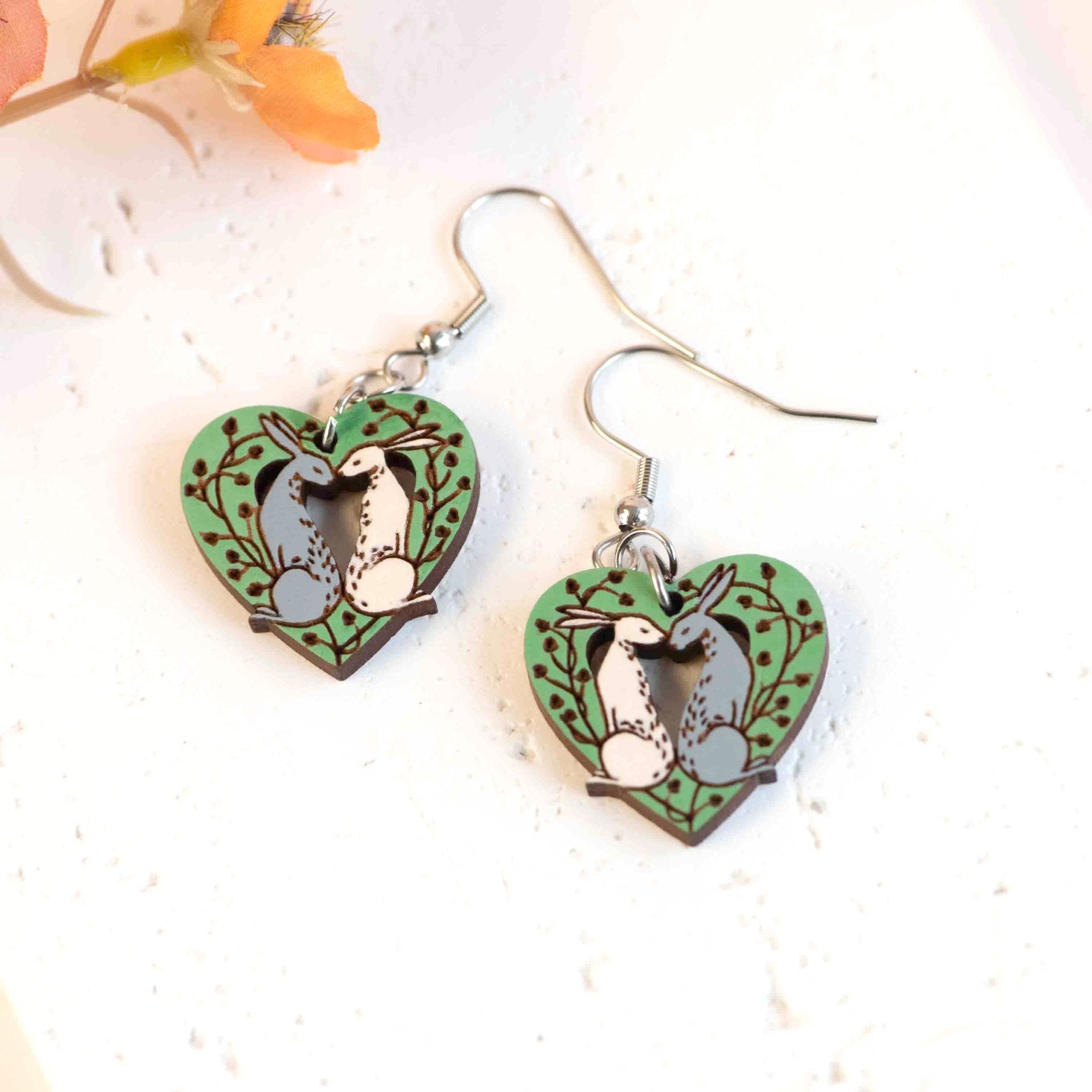 Hand - painted Wooden Love Heart Hare Hook Earrings - PEL10395D - Robin Valley Official Store