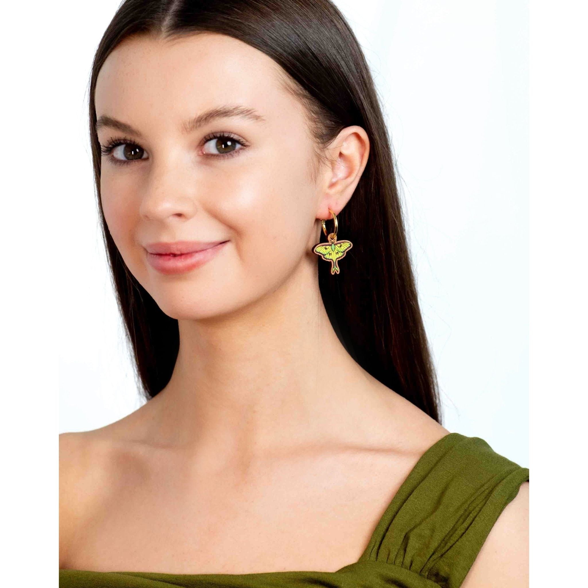 Hand - painted Wooden Luna Moth Hoop Earrings - PEO14267H - Robin Valley Official Store