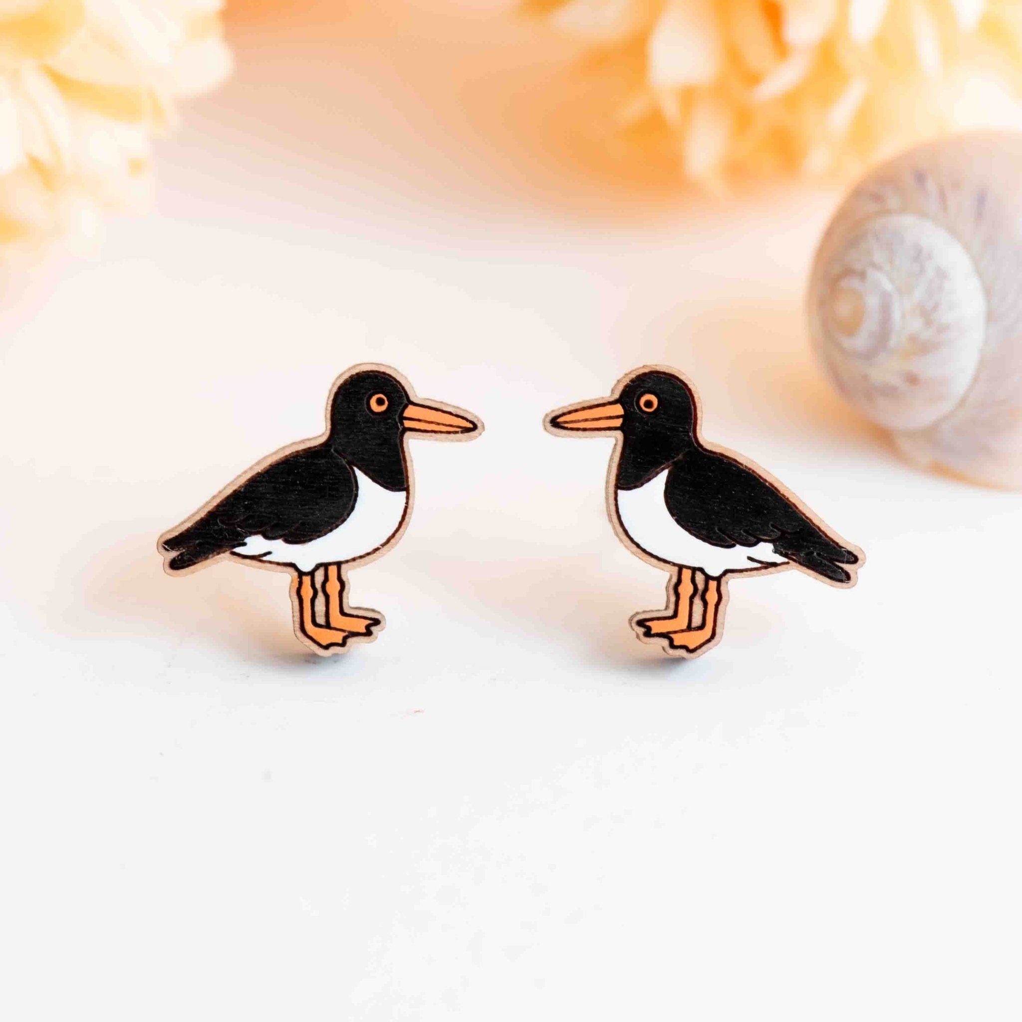 Hand - painted Wooden Oystercatcher Wooden Stud Earrings - PEB12113 - Robin Valley Official Store