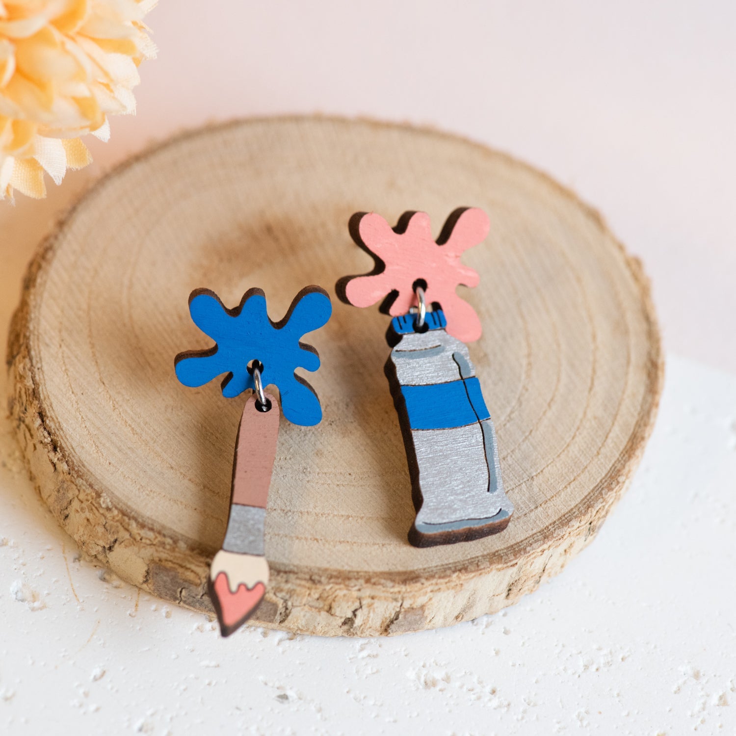 Hand - painted Wooden Paint and Brush Art Drop Earrings - PET15508D - Robin Valley Official Store