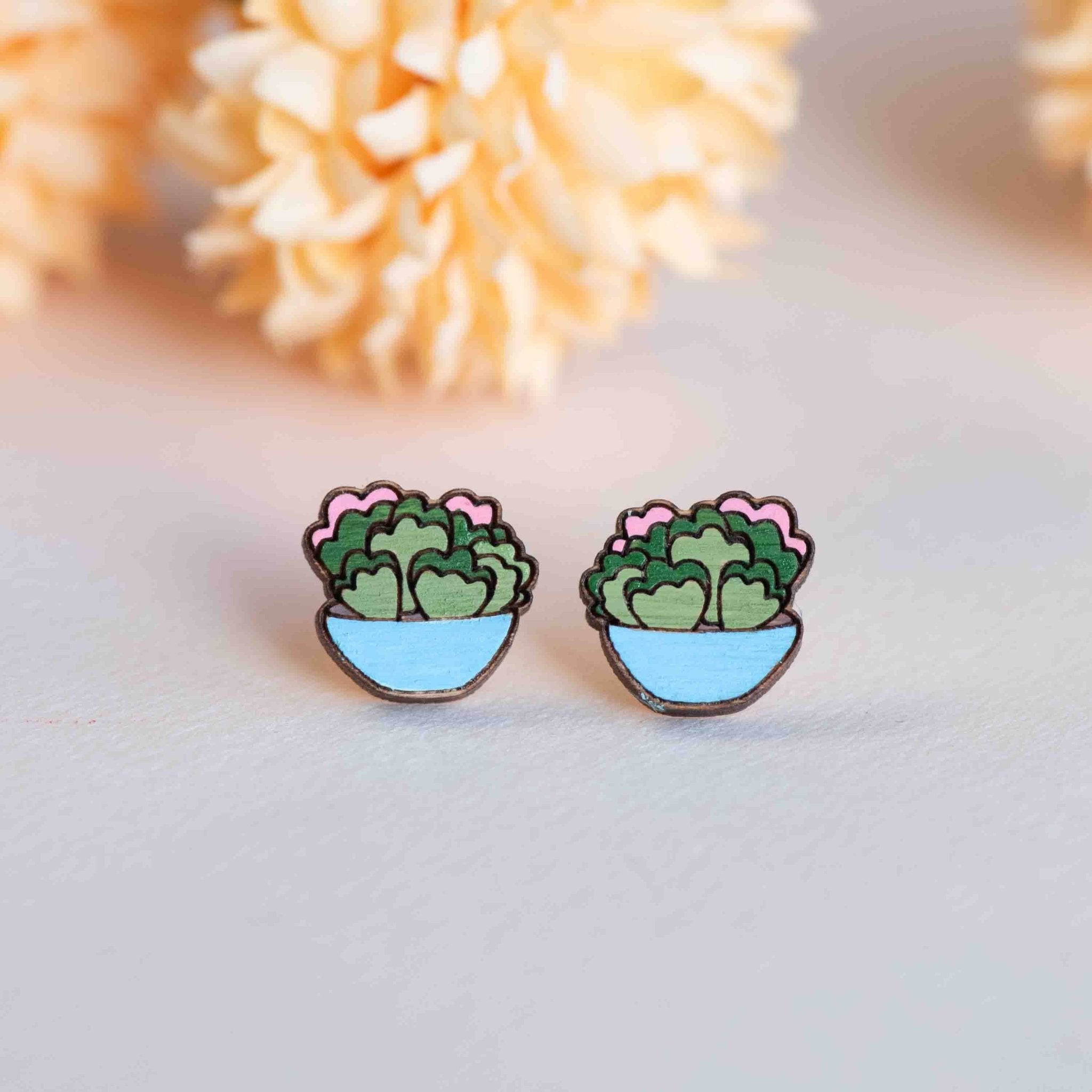 Hand - painted Wooden Pink Succulents Plant Earrings - PEO14177 - Robin Valley Official Store