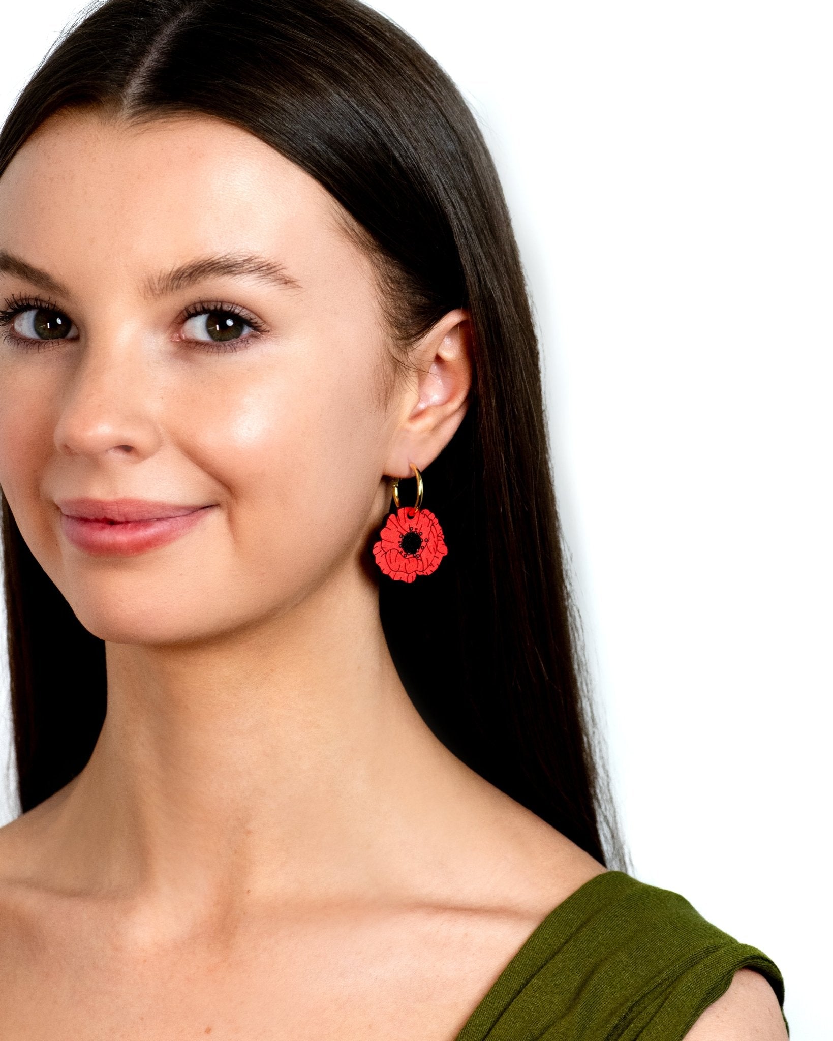 Hand - Painted Wooden Poppy Flower Hoop Earrings - PEO14075H - Robin Valley Official Store