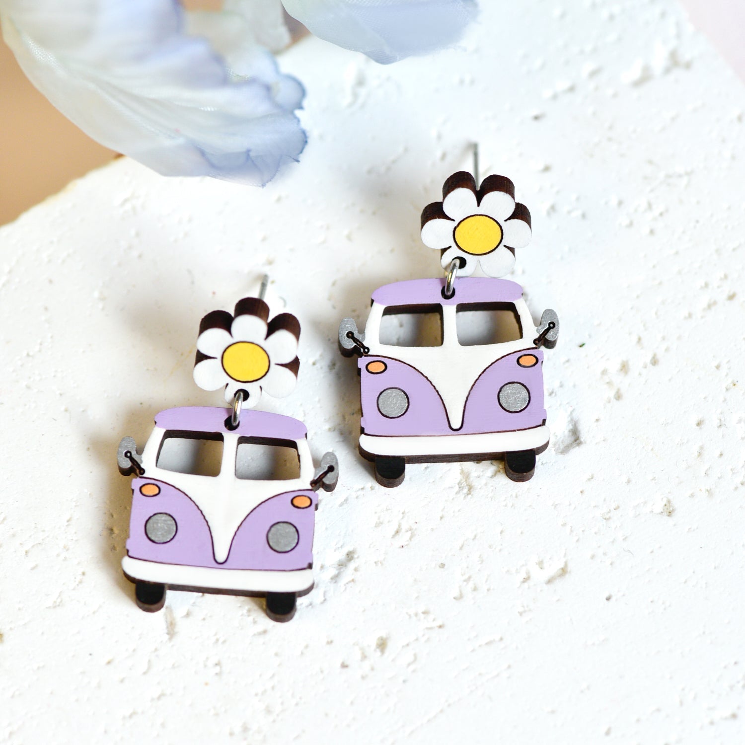 Hand - painted Wooden Purple Flower Caravan Car Drop Earrings - PET15507D - Robin Valley Official Store