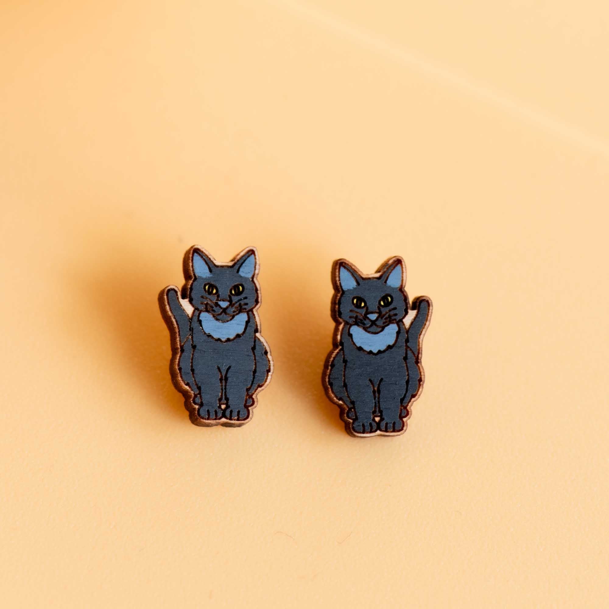 Hand - painted Wooden Sitting Black Cat Earrings - PEL10335 - Robin Valley Official Store