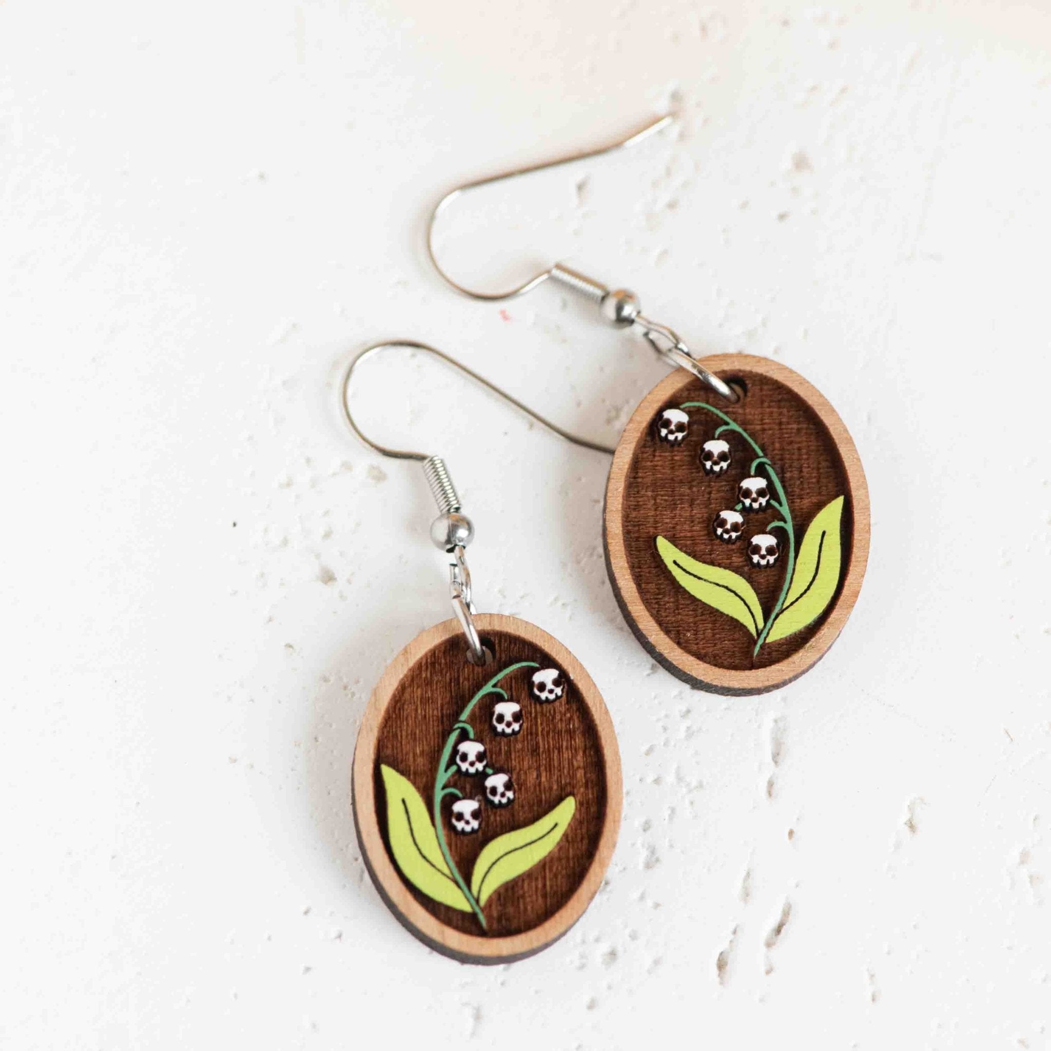 Hand - painted Wooden Skull Lily of The Valley Hook Earrings - PET15499D - Robin Valley Official Store