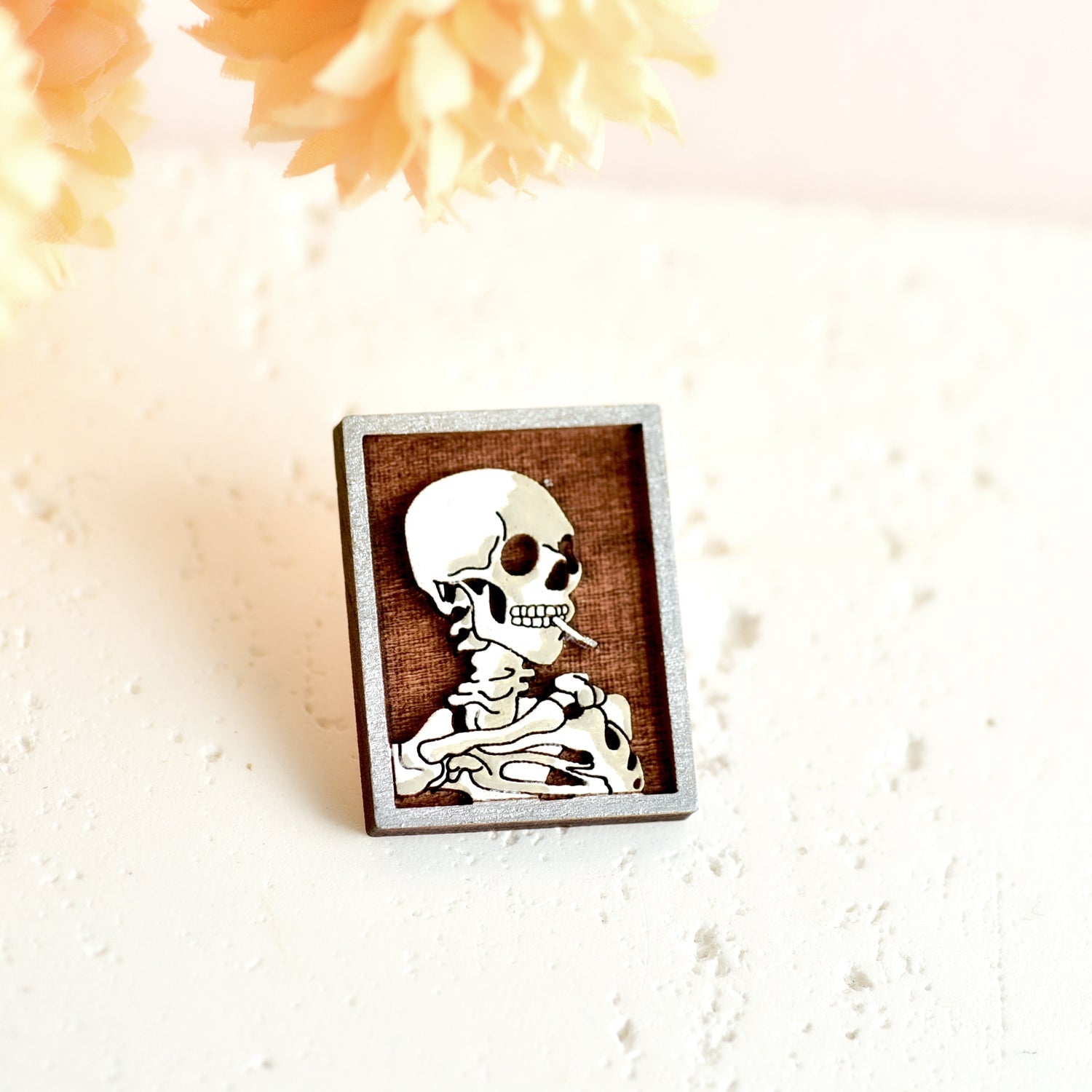 Hand - painted Wooden Skull of a Skeleton with Burning Cigarette Pin Badge - PT45309 - Robin Valley Official Store