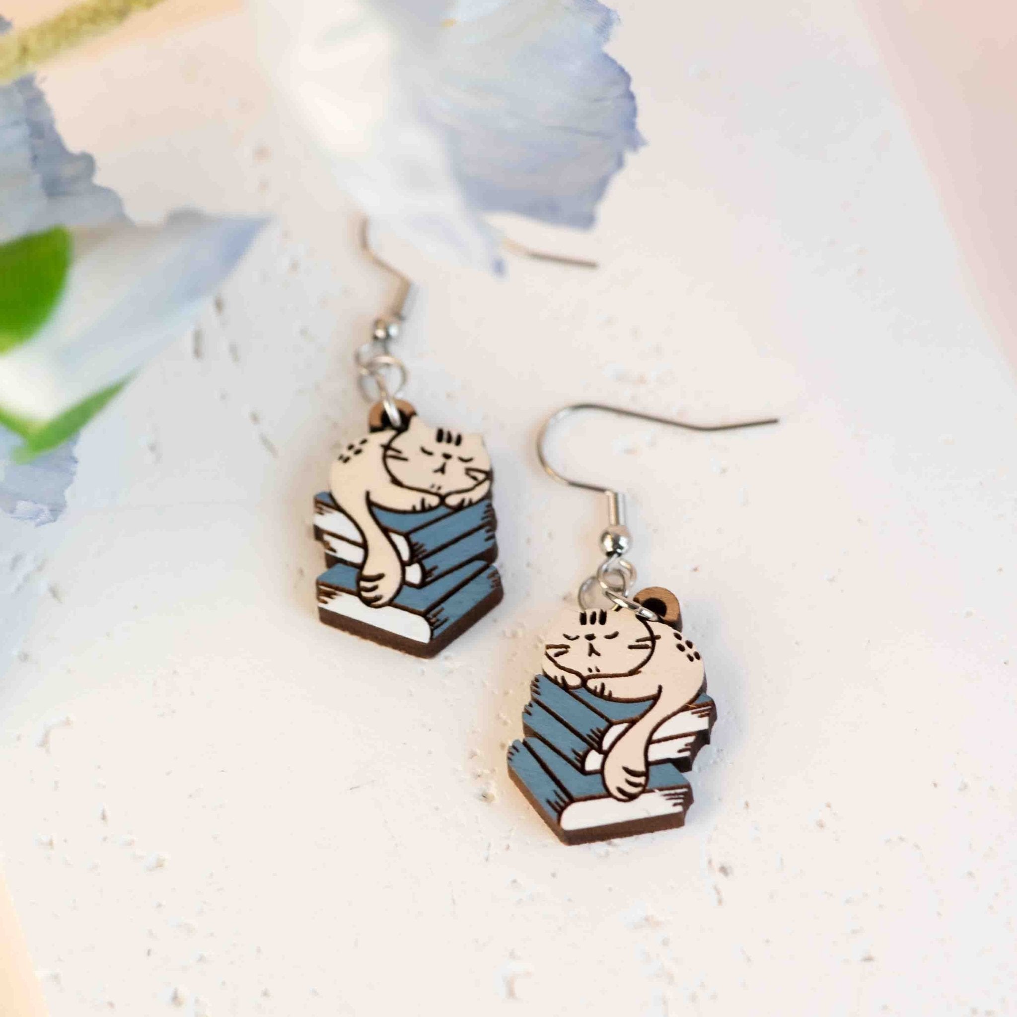 Hand - painted Wooden Sleeping Cat on Books Hook Earrings - PEL10393D - Robin Valley Official Store