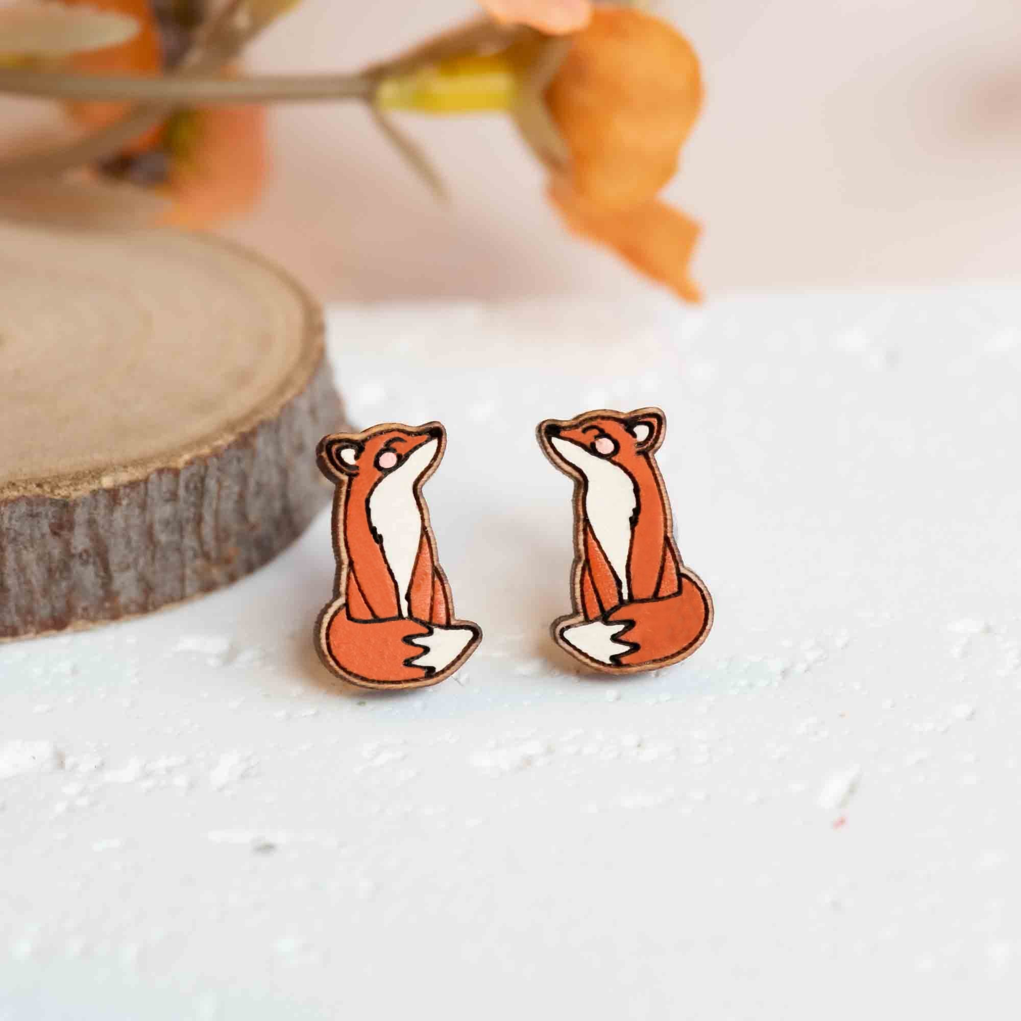 Hand - painted Wooden Smiley Fox Earrings - PEL10346 - Robin Valley Official Store