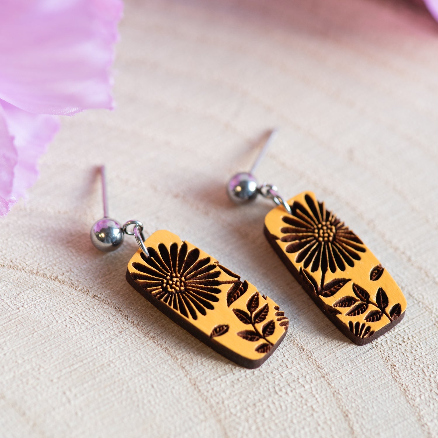 Hand - painted Wooden Sunflower Patterned Bar Dangle Earrings - PEO14270D - Robin Valley Official Store