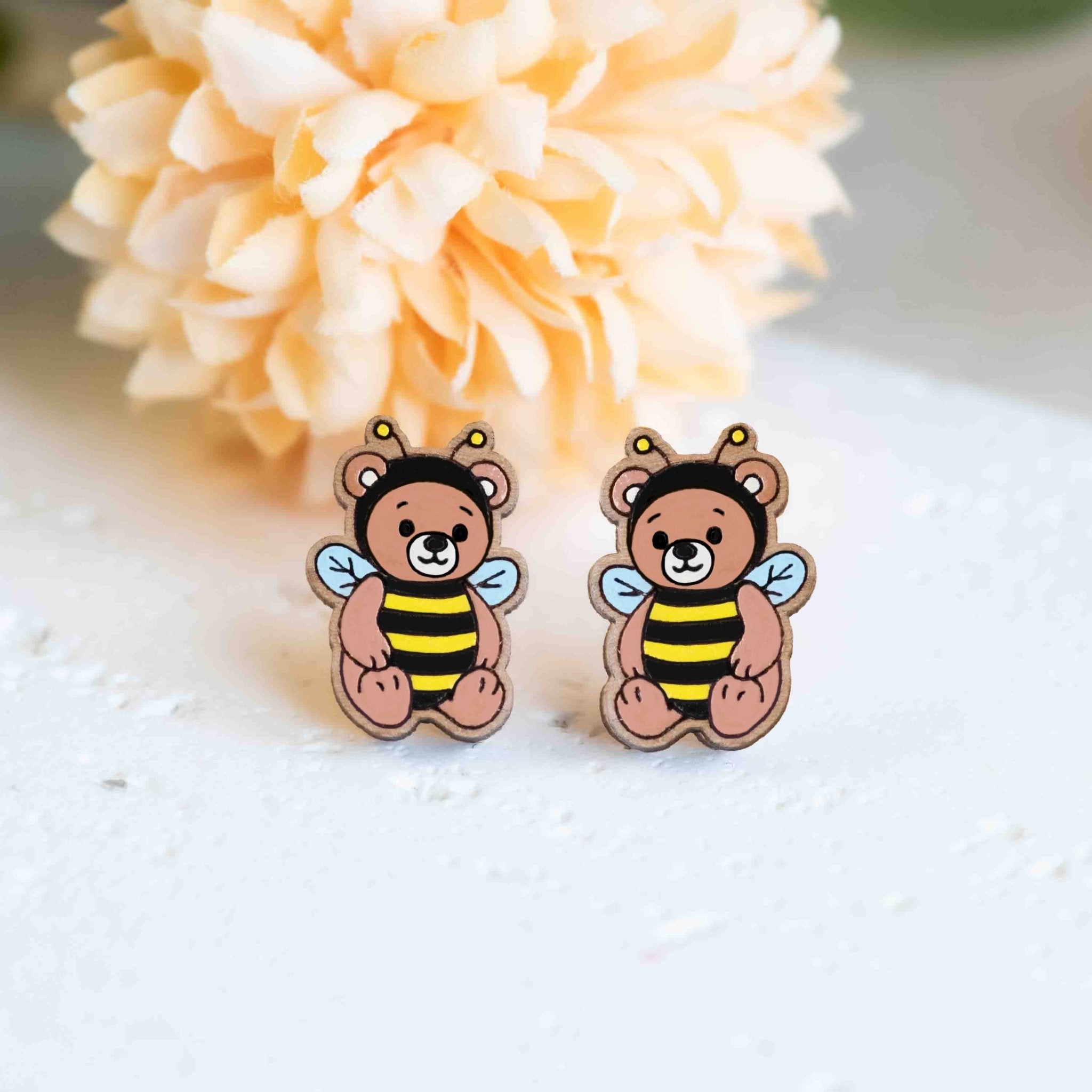 Hand - painted Wooden Teddy in Bee Costume Earrings - PEL10443 - Robin Valley Official Store