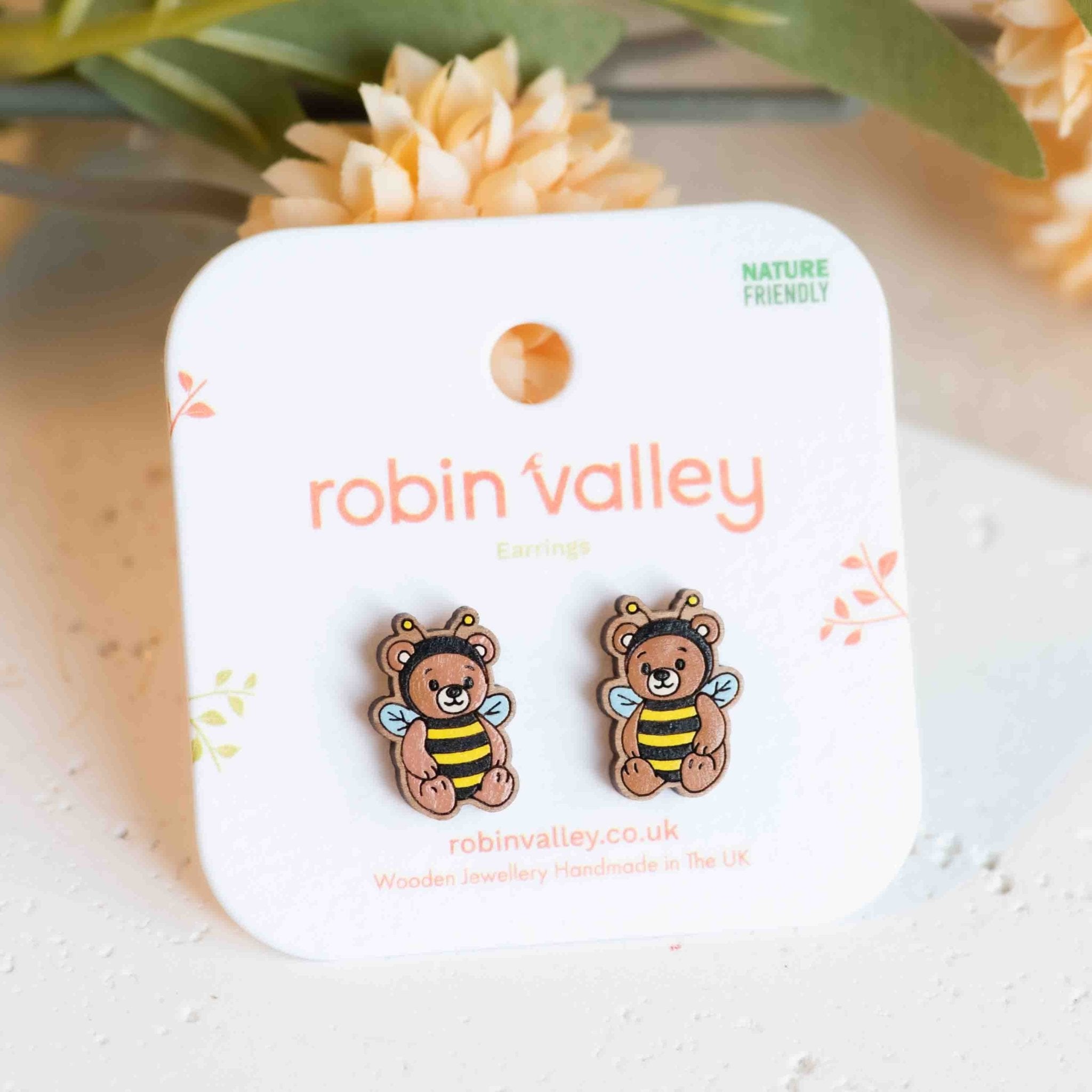 Hand - painted Wooden Teddy in Bee Costume Earrings - PEL10443 - Robin Valley Official Store