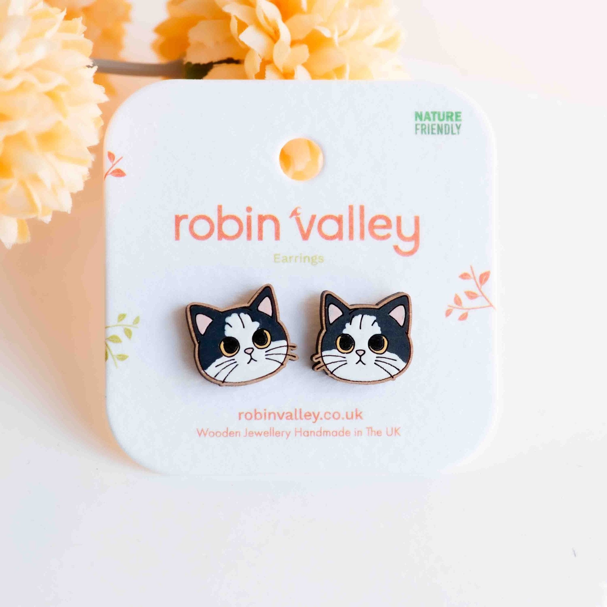 Hand - painted Wooden Tuxedo Cat Stud Earrings - PEL10471 - Robin Valley Official Store