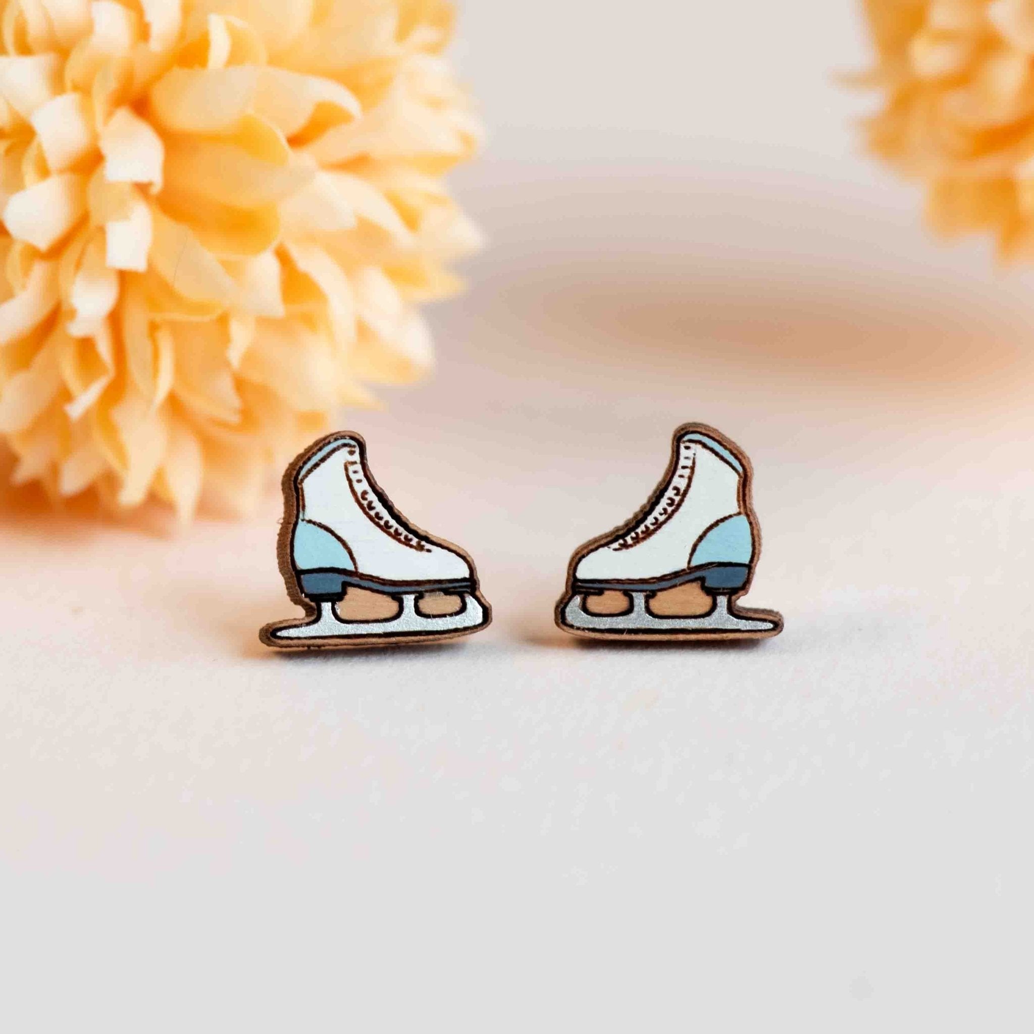 Hand - painted Wooden White Ice Skating Boots Earrings - PET15373 - Robin Valley Official Store