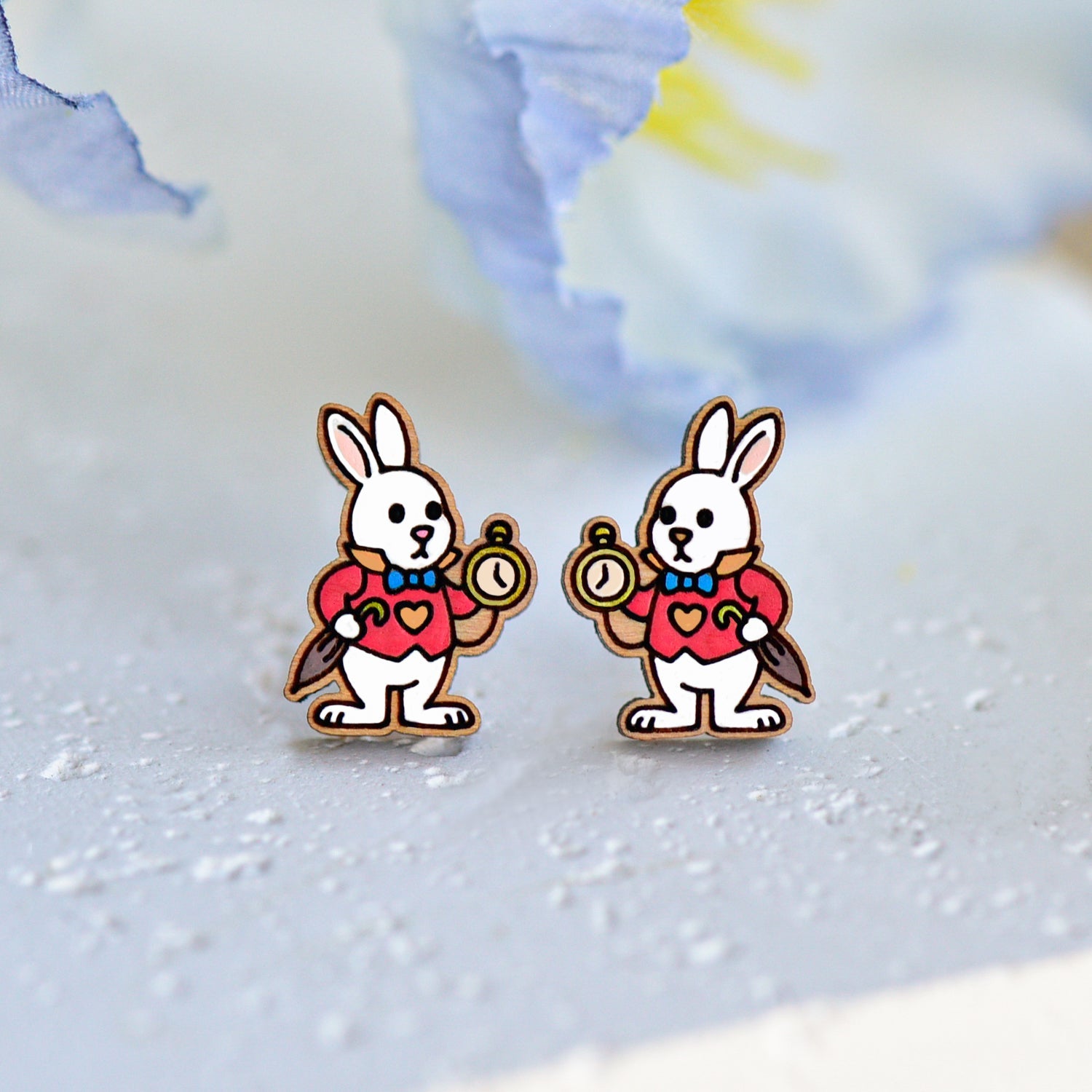 Hand - painted Wooden Wonderland White Rabbit Stud Earrings - Robin Valley Official Store