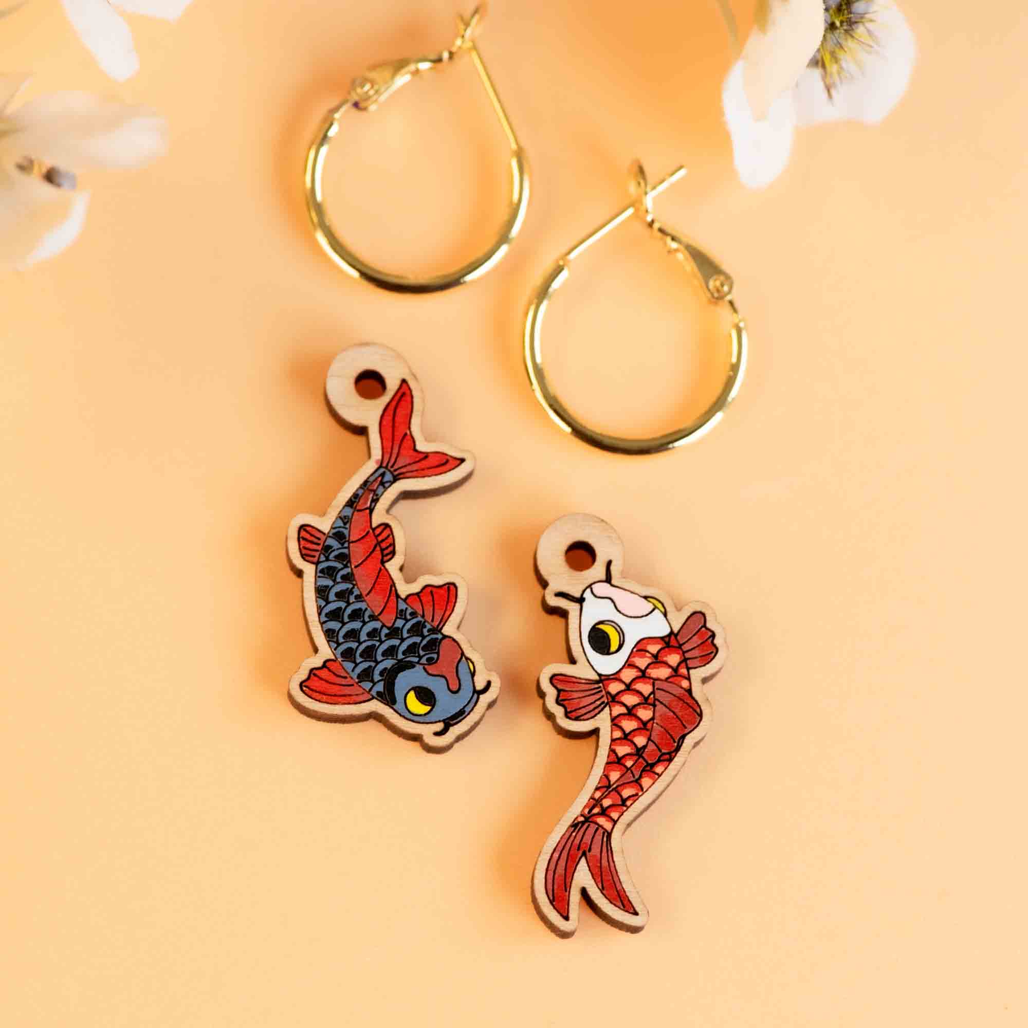 Hand - Painted Wooden Yin Yang Koi Fish Hoop Earrings - PES13118H - Robin Valley Official Store