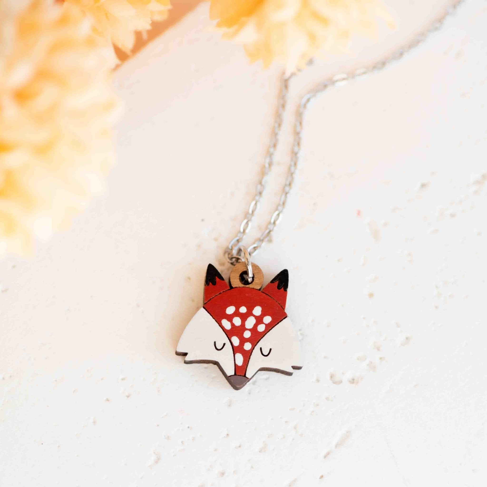 Hand Painted Woodland Fox Face Wooden Necklace - NL60482 - Robin Valley Official Store