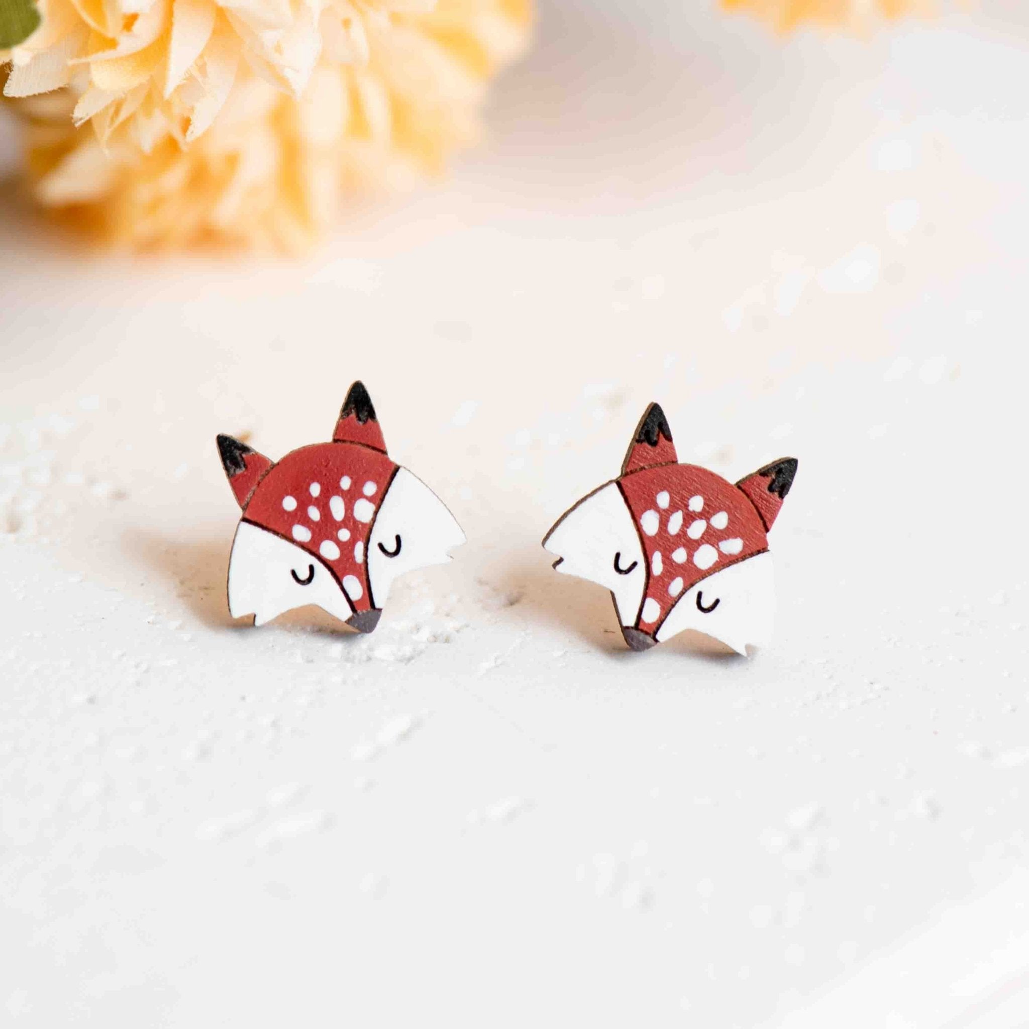 Hand - painted Woodland Fox Wooden Stud Earrings - PEL10482 - Robin Valley Official Store