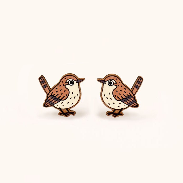 Hand - painted Wren Wooden Earrings - Robin Valley Official Store
