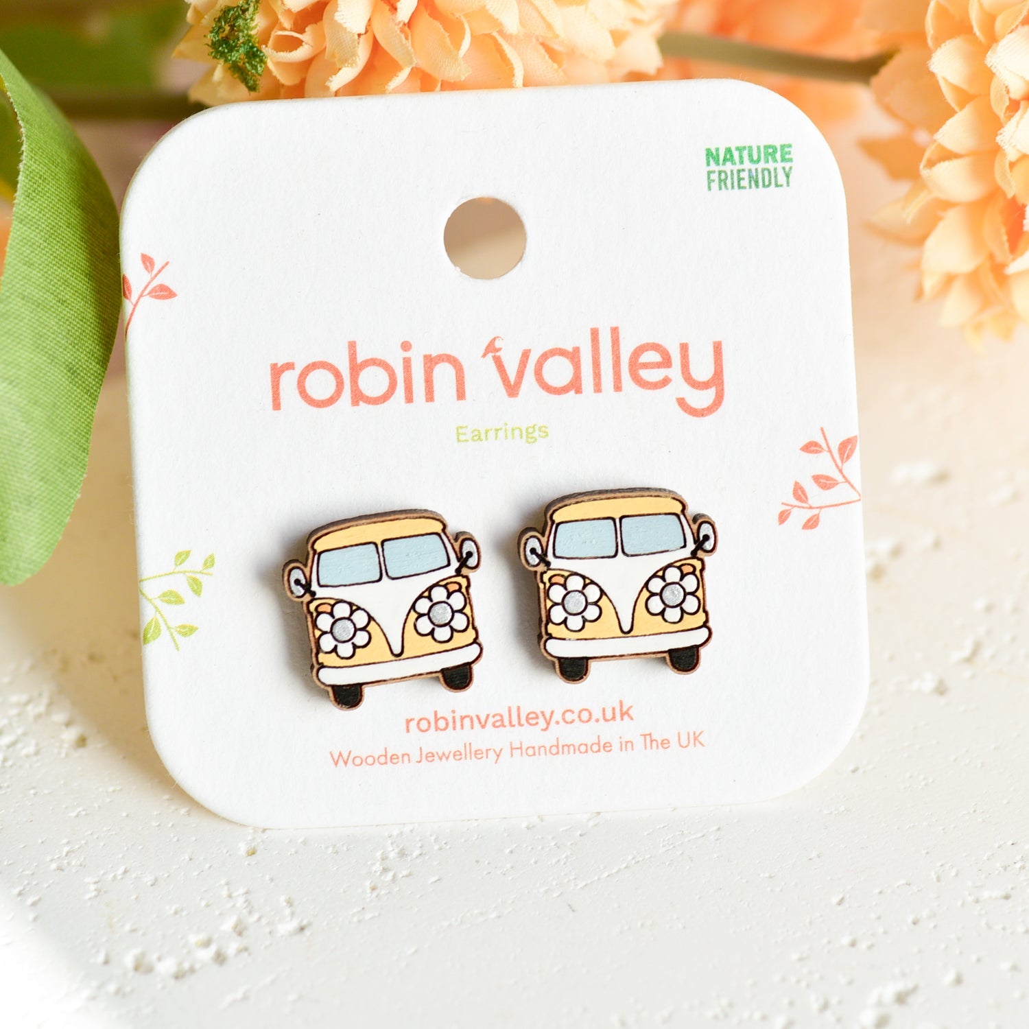 Hand - painted Yellow Flower Caravan Car Wooden Earrings - PET15506 - Robin Valley Official Store