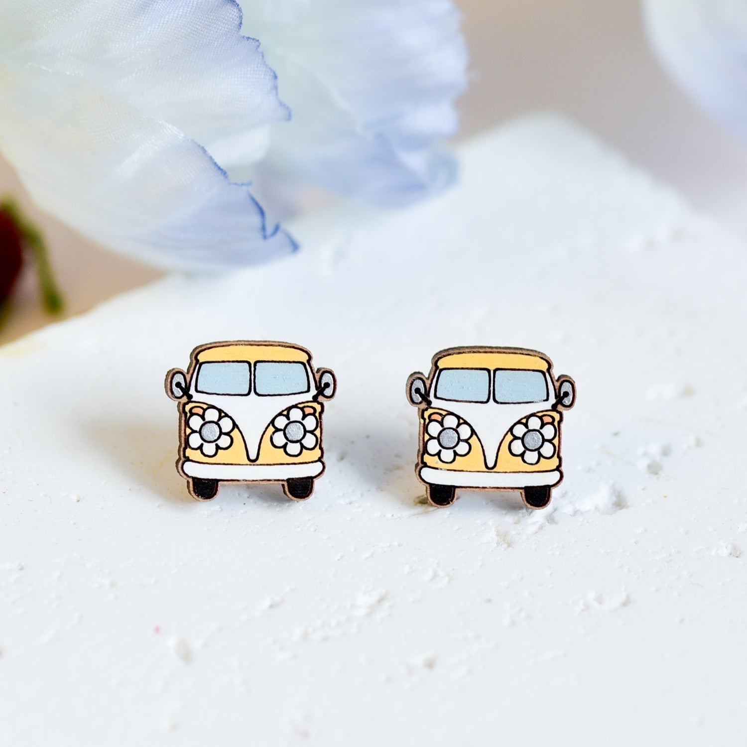 Hand - painted Yellow Flower Caravan Car Wooden Earrings - PET15506 - Robin Valley Official Store
