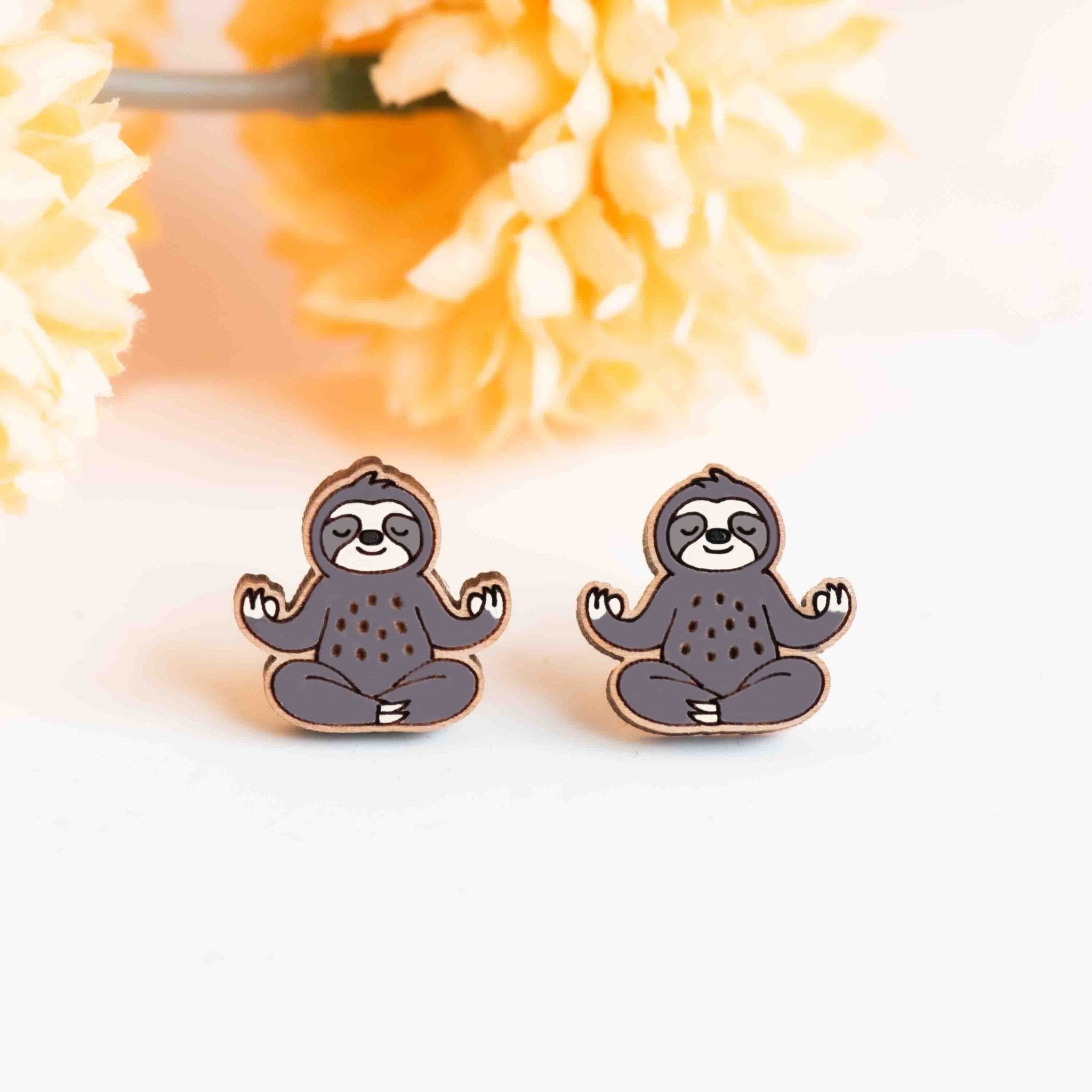 Hand - painted Yoga Sloth Wooden Stud Earrings - PEL10455 - Robin Valley Official Store