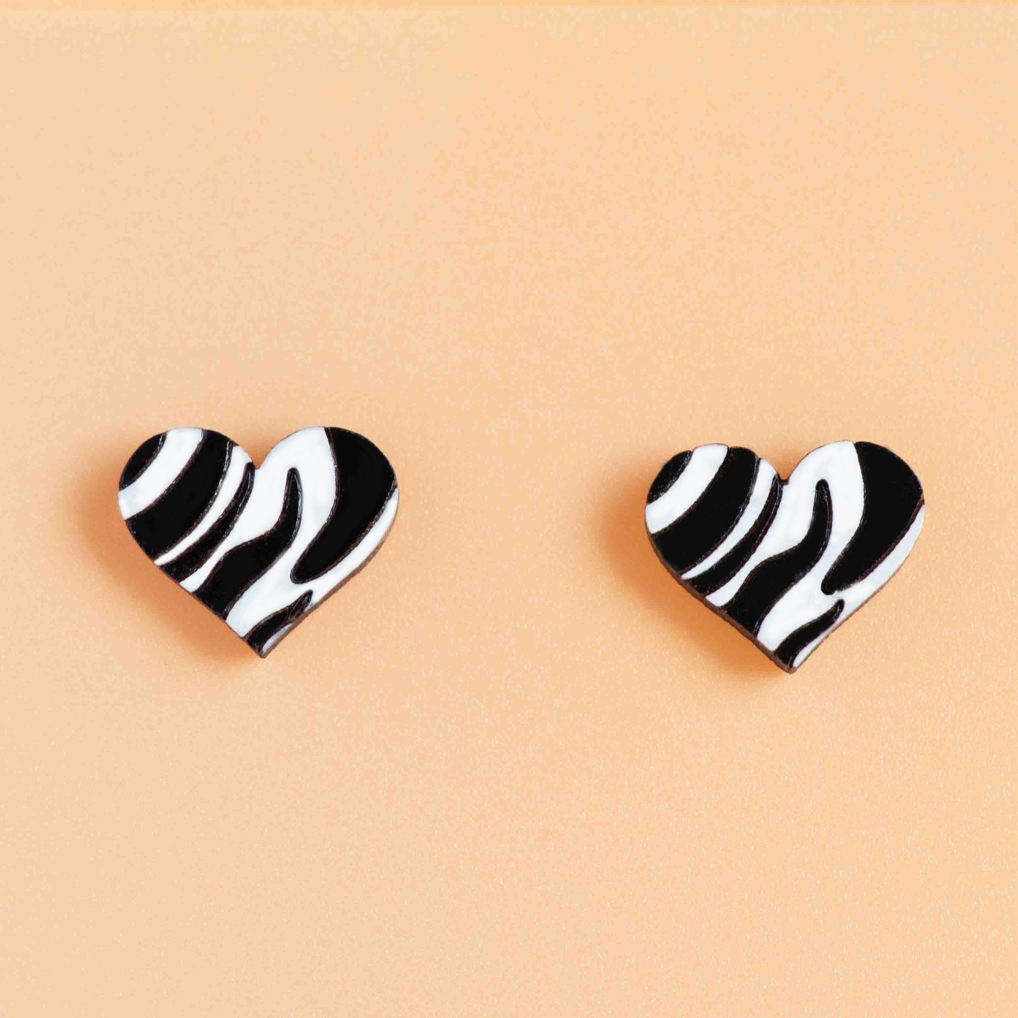 Hand - painted Zebra Patterned Heart Wooden Earrings - PEA16056 - Robin Valley Official Store