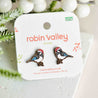 Bird-shaped earrings on a 'Robin Valley' branded card with decorative background