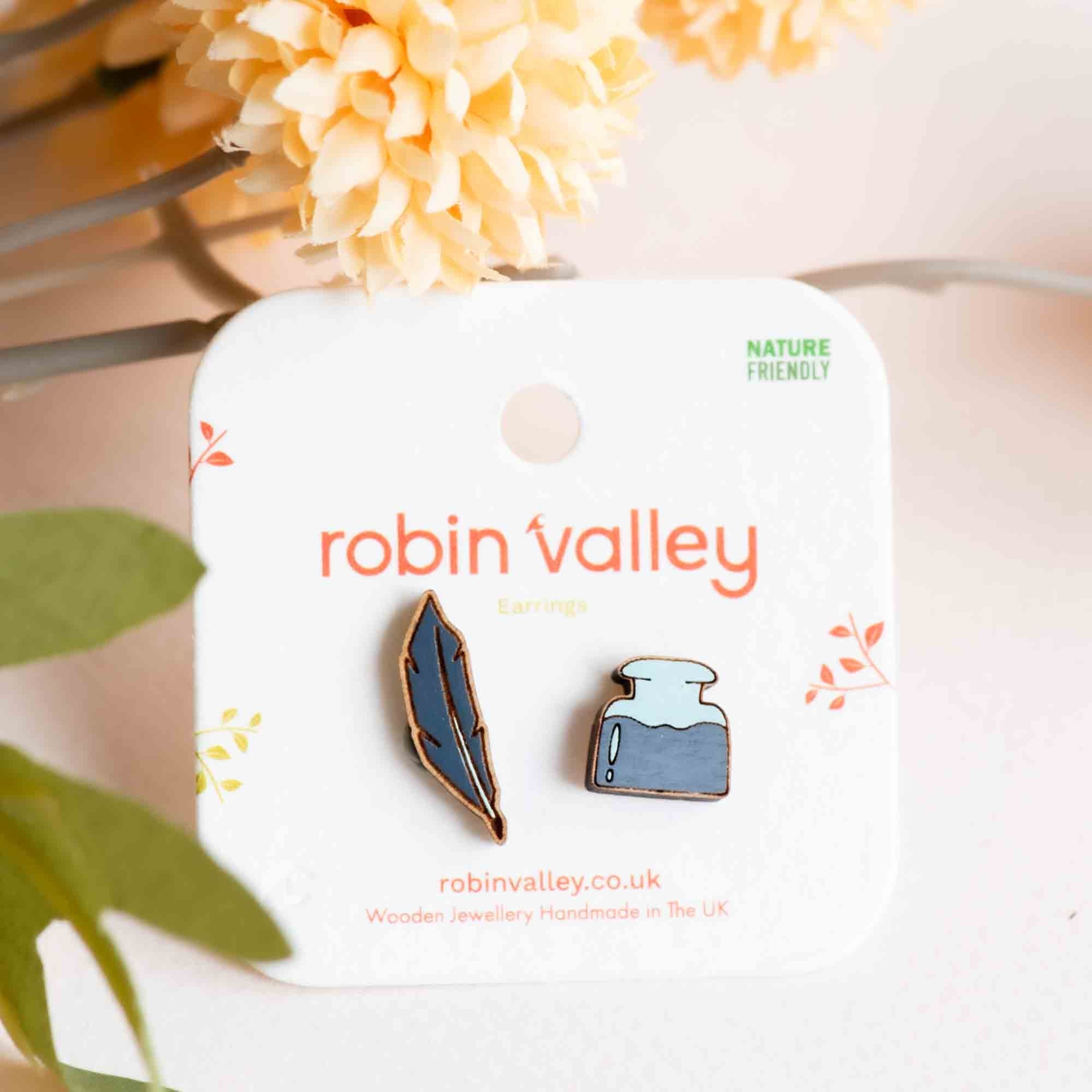 Hand - paintedn Quill and Ink Wooden Earrings - PET15287 - Robin Valley Official Store