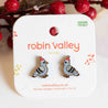 Robin Valley earrings packaging with Christmas-themed pigeon design