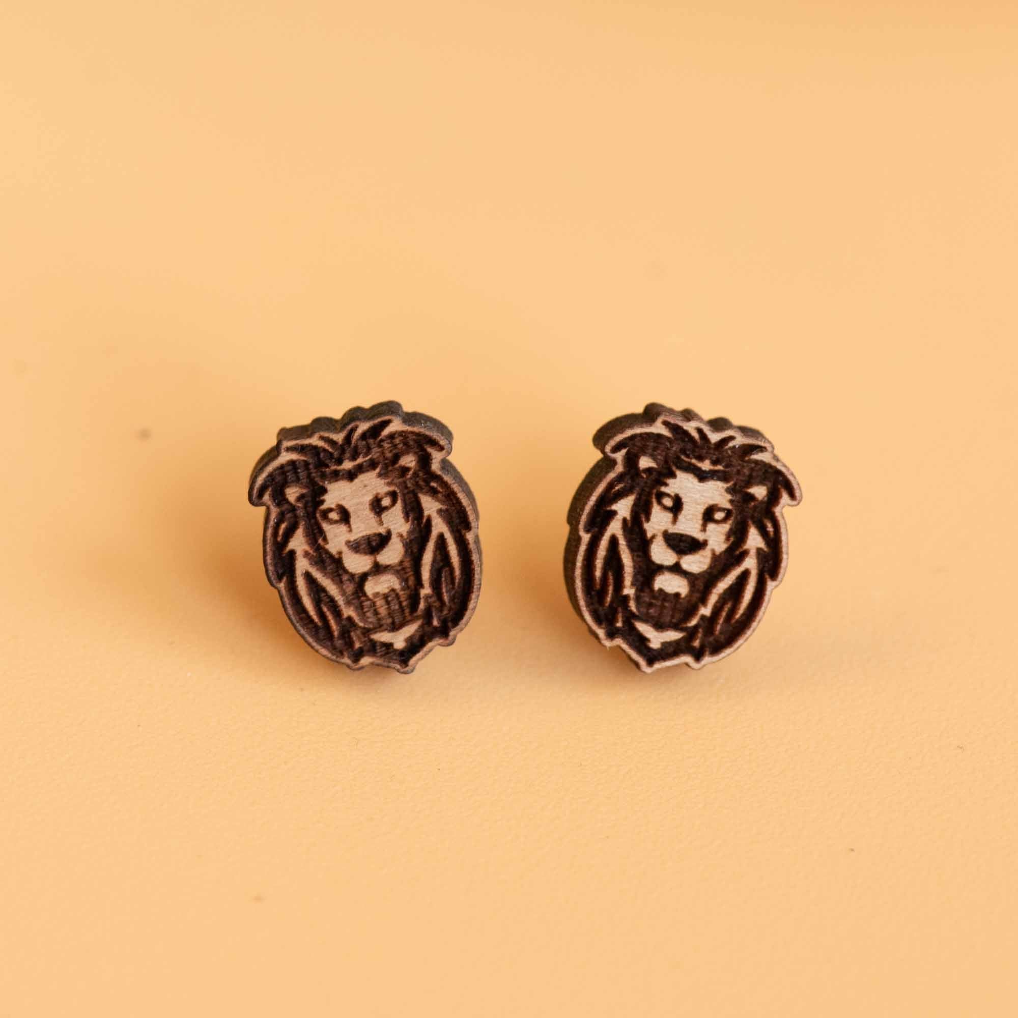 Lion Head Wooden Stud Earrings - EL10339 - Robin Valley Official Store