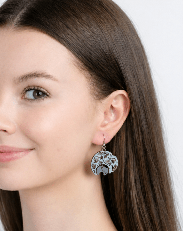 Mother Daughter Flora Elephant Wooden Hook Earrings - PEL10501D - Robin Valley Official Store