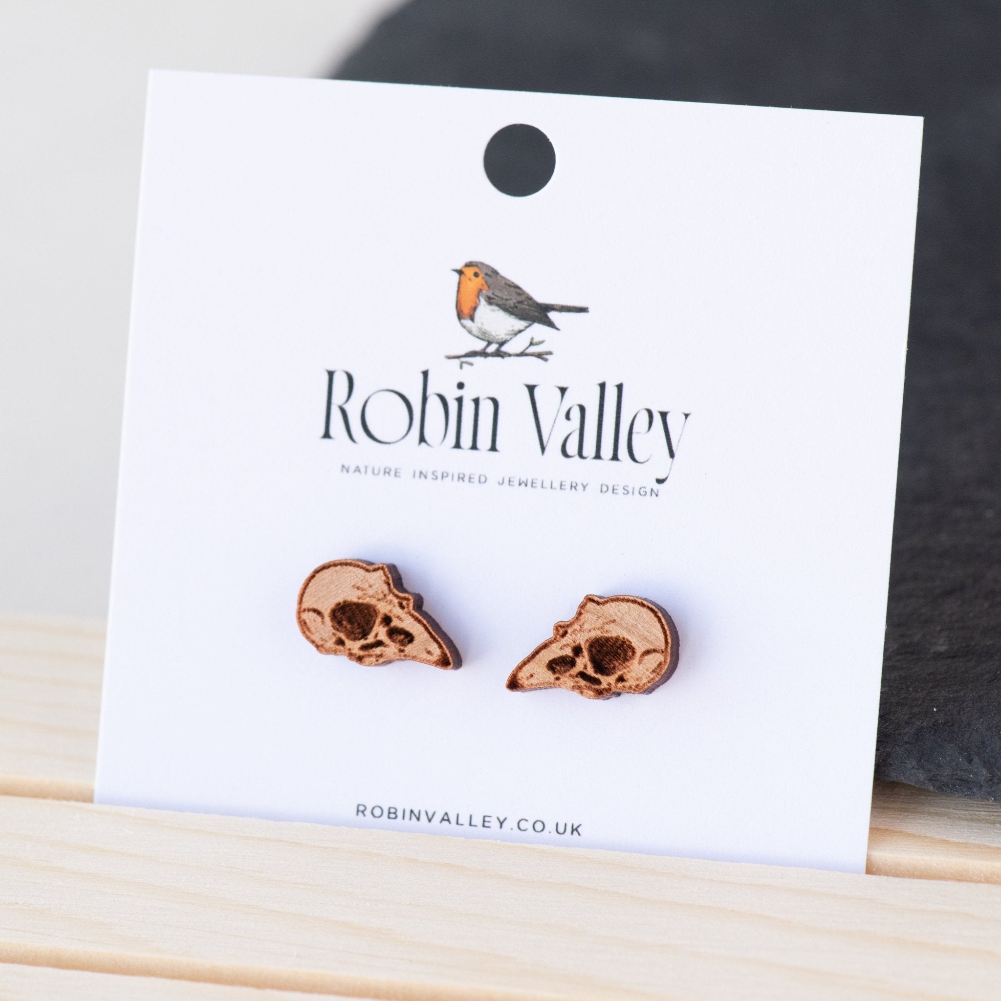 Raven Bird Skull Cherry Wood Stud Earrings - EB12008