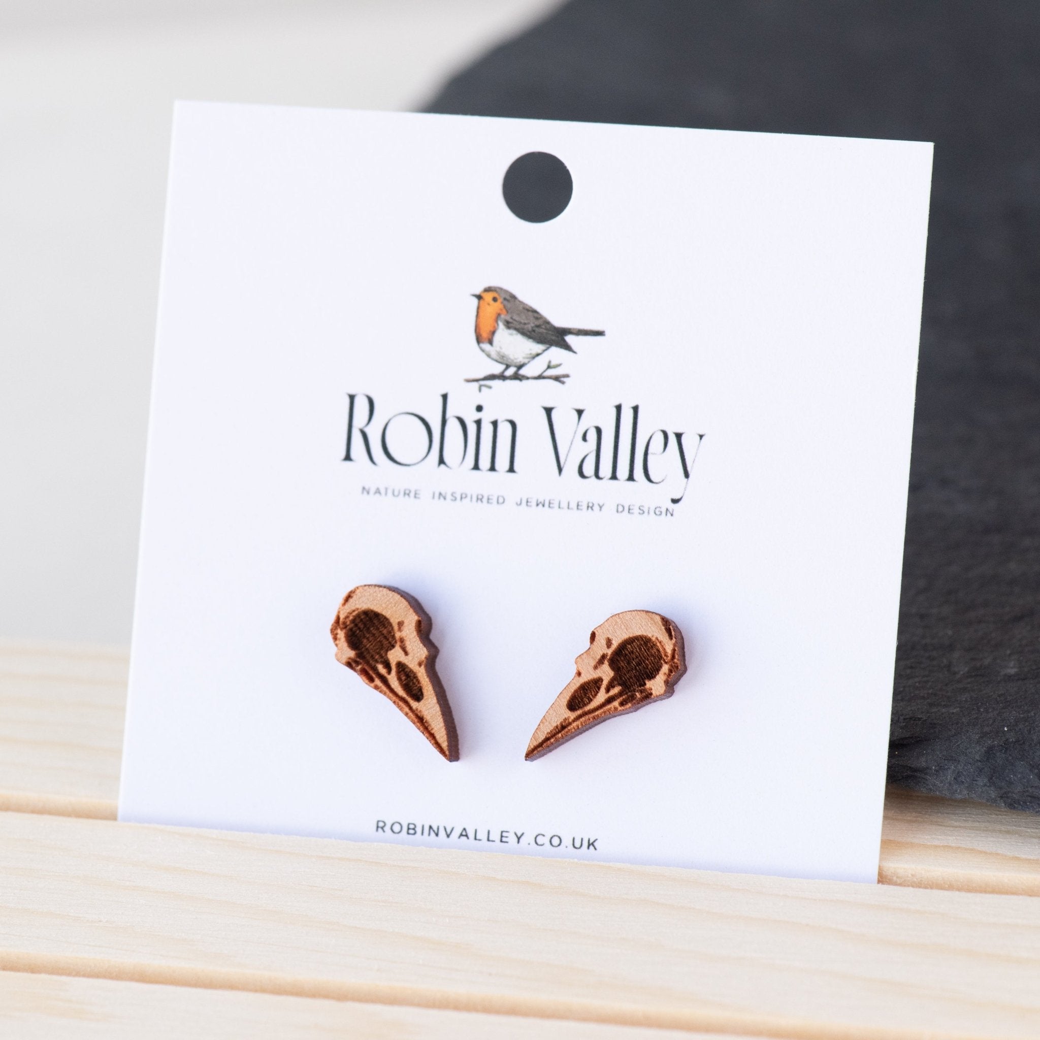 Raven Bird Skull Cherry Wood Stud Earrings - EB12008
