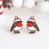 handmade wooden earrings, fluffy red robin bird with santa's hat stud earrings, made in the UK