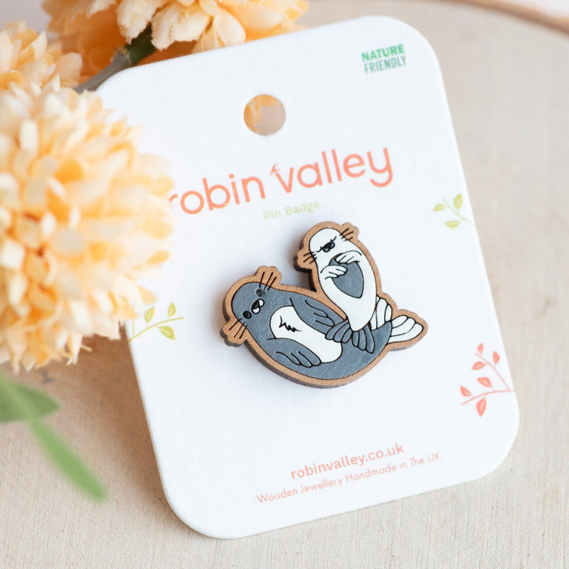 Seal Mum & Pup Wooden Pin Badge - Robin Valley Official Store