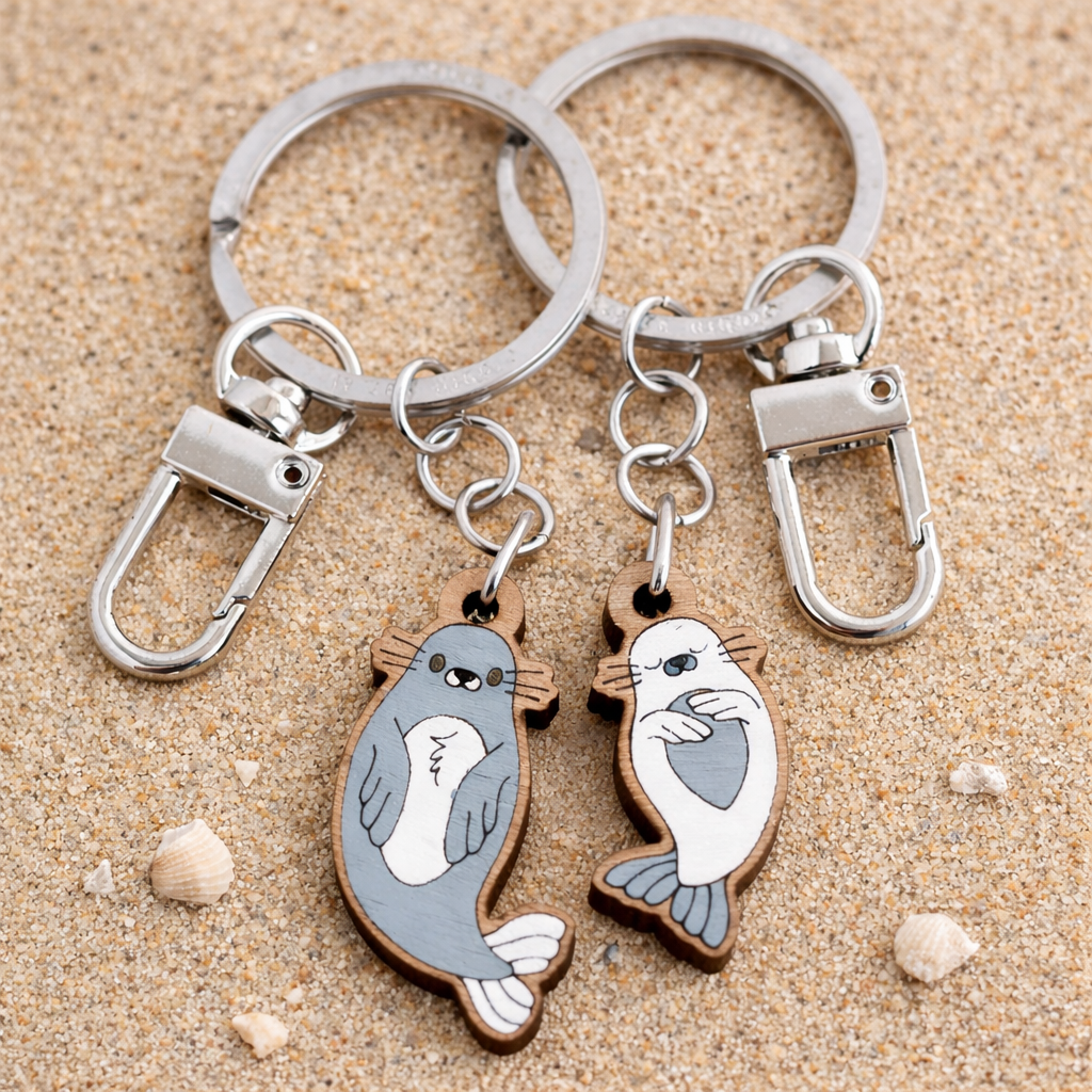 Seal Mum & Pup Wooden Keyring Set