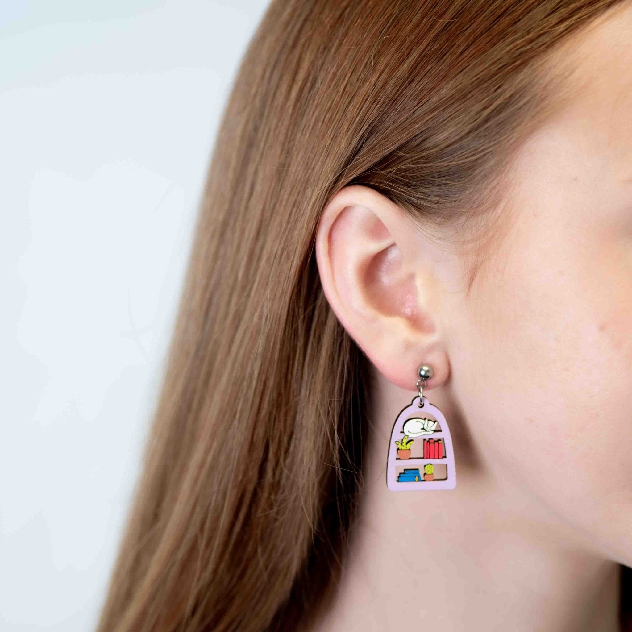 Sleeping Cat on Book Shelf Dangle Earrings - Robin Valley Official Store