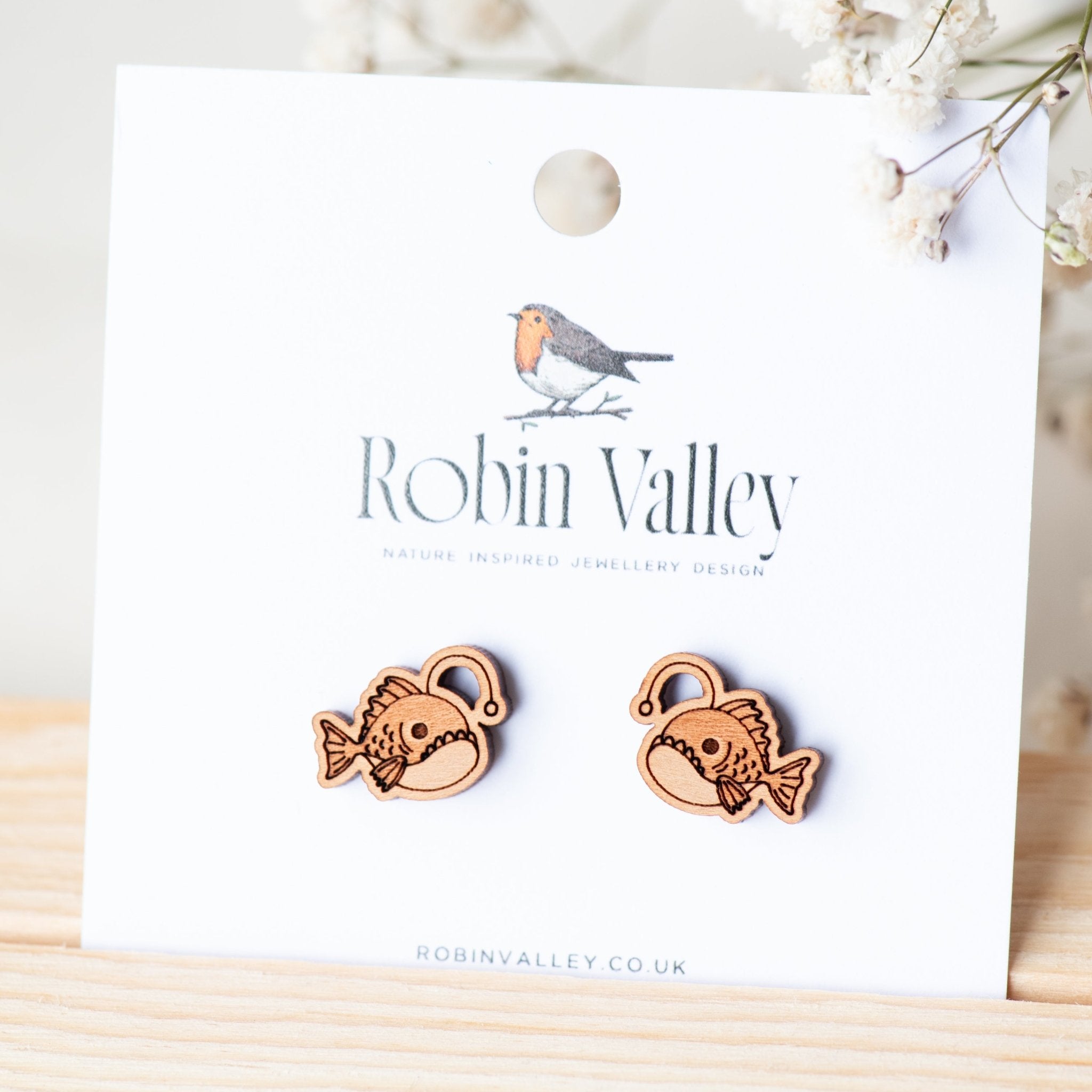 Anglerfish Cherry Wood Stud Earrings - ES13011 - Robin Valley Official Store