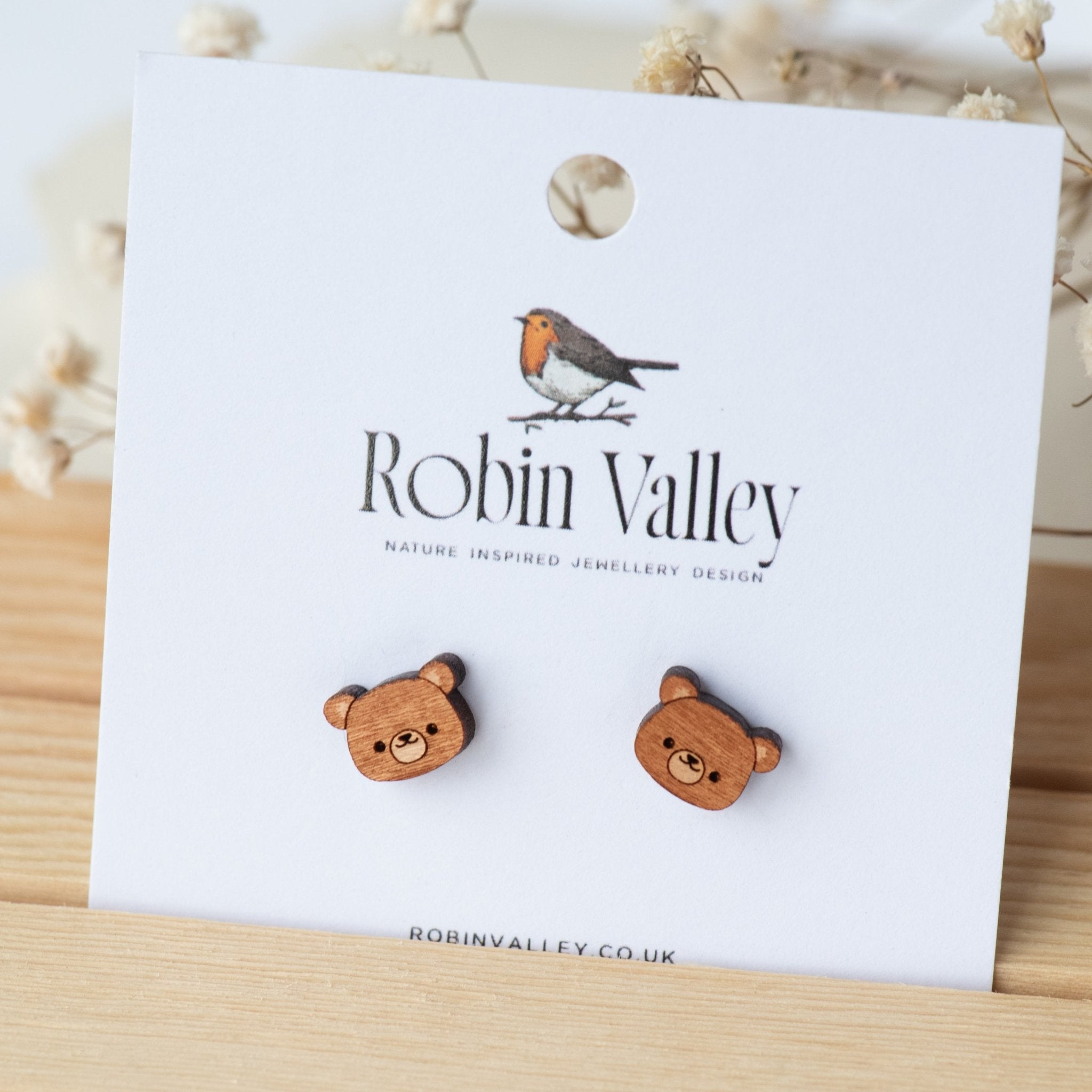 Bear (Head) Cherry Wood Stud Earrings - EL10097 - Robin Valley Official Store