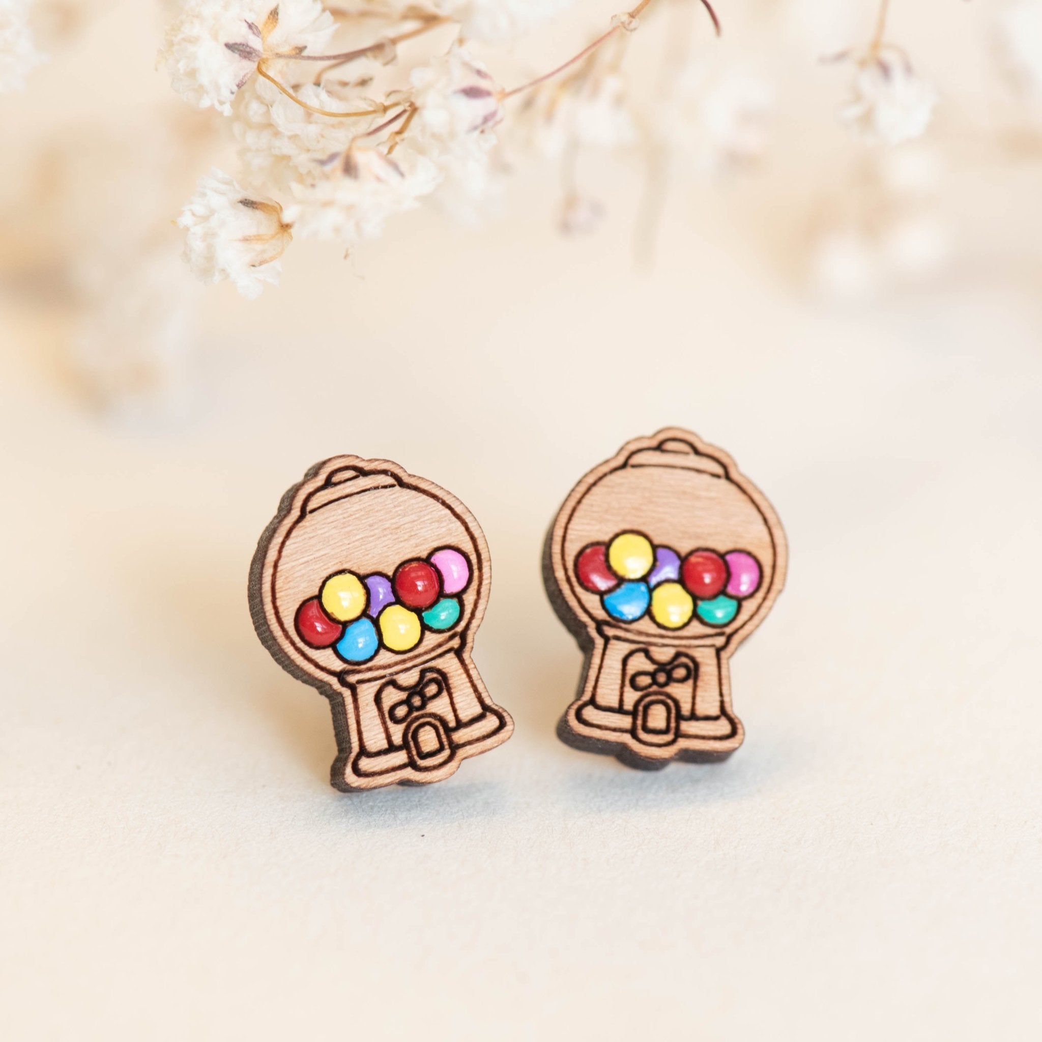 Candy Machine Cherry Wood Stud Earrings -PET15034 - Robin Valley Official Store