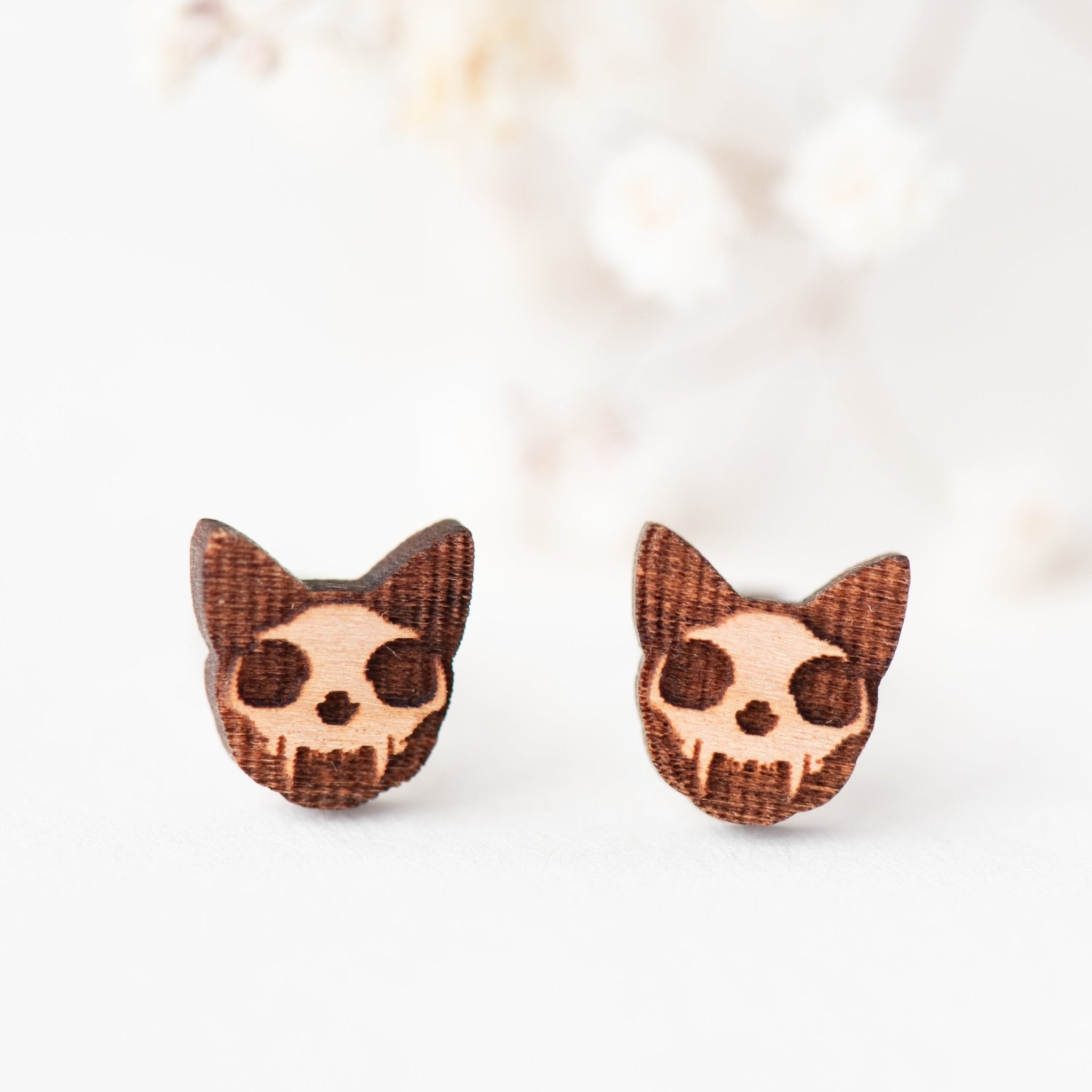 Cat Skull Cherry Wood Stud Earrings -EL10143 - Robin Valley Official Store