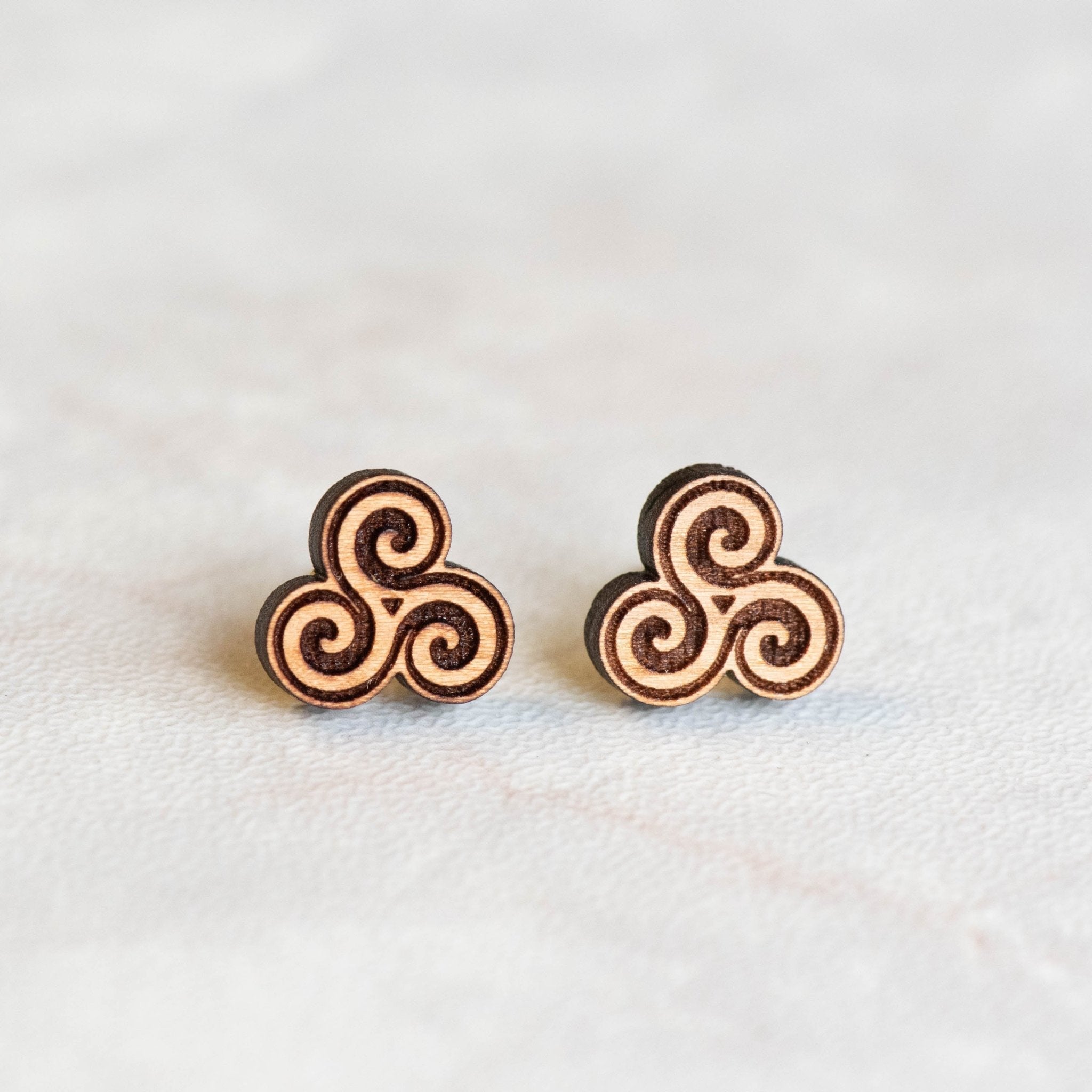 Celtic Triskelion Cherry Wood Stud Earrings - ET15153 - Robin Valley Official Store