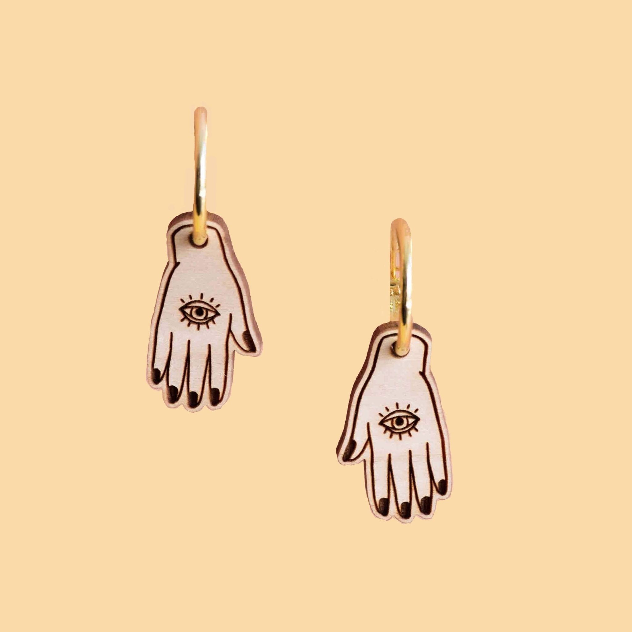 Cherry Wood Lucky Hamsa Palm Hoop Earrings - PET15118H - Robin Valley Official Store