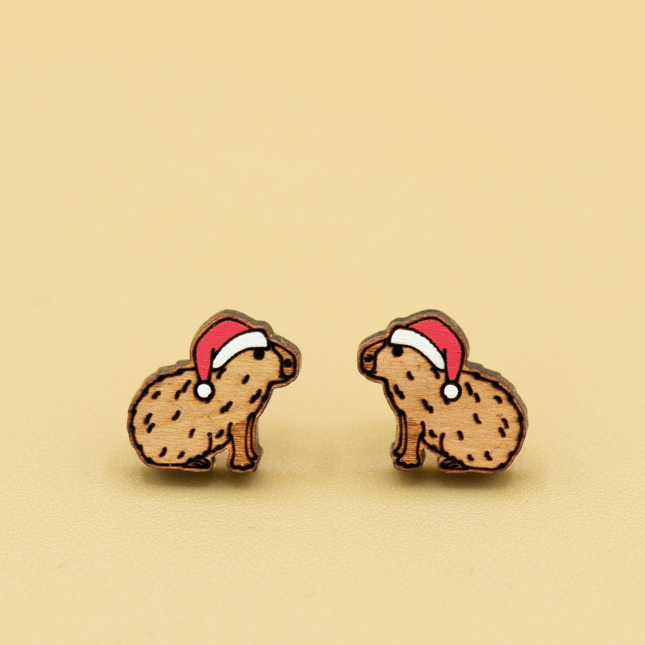 Christmas Capybara in Santa Hat Wood Earrings - PEL10240 - Robin Valley Official Store