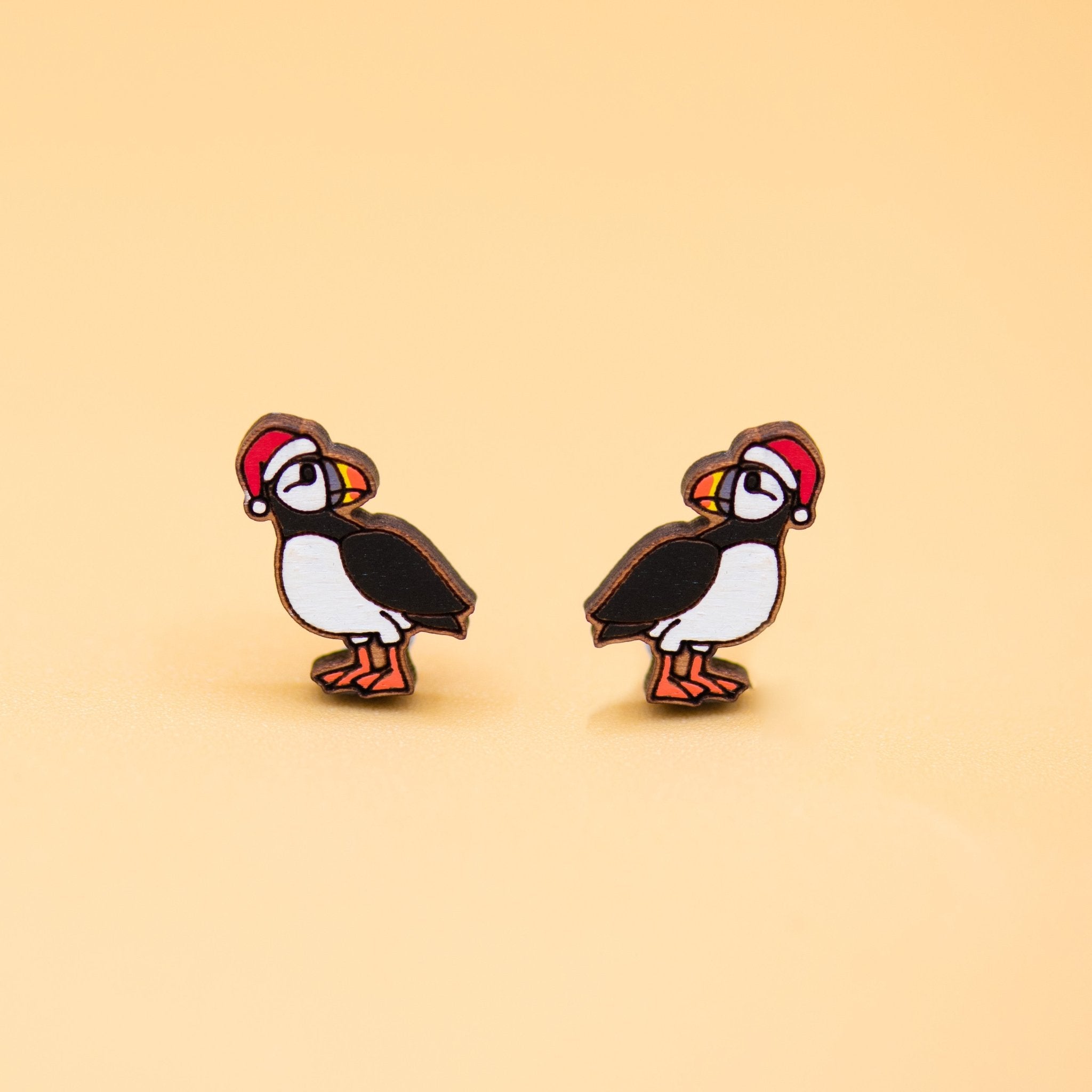 Christmas Puffin Bird in Red Santa Hat Wood Earrings - PEB12056 - Robin Valley Official Store