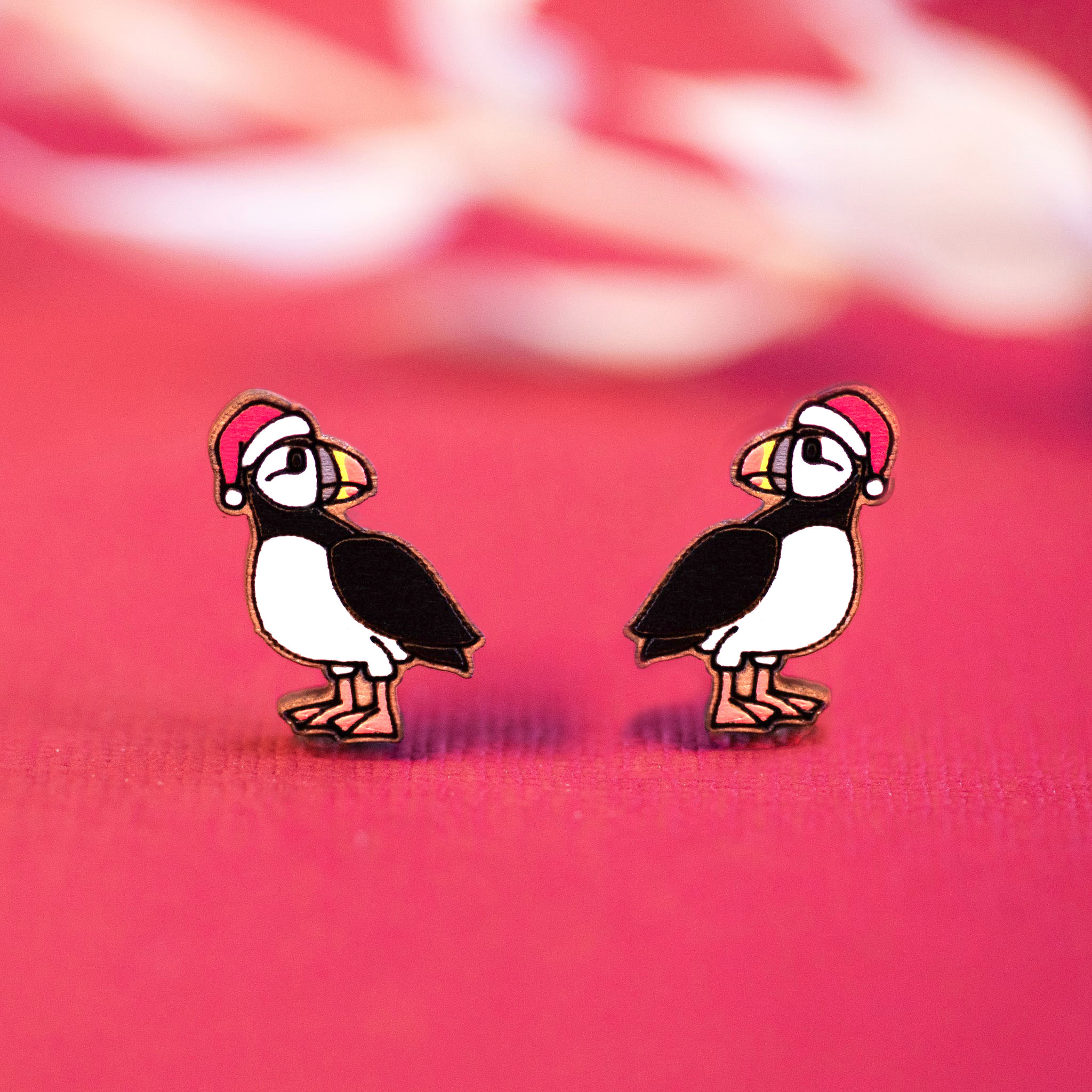 Christmas Puffin Bird in Red Santa Hat Wood Earrings - PEB12056 - Robin Valley Official Store